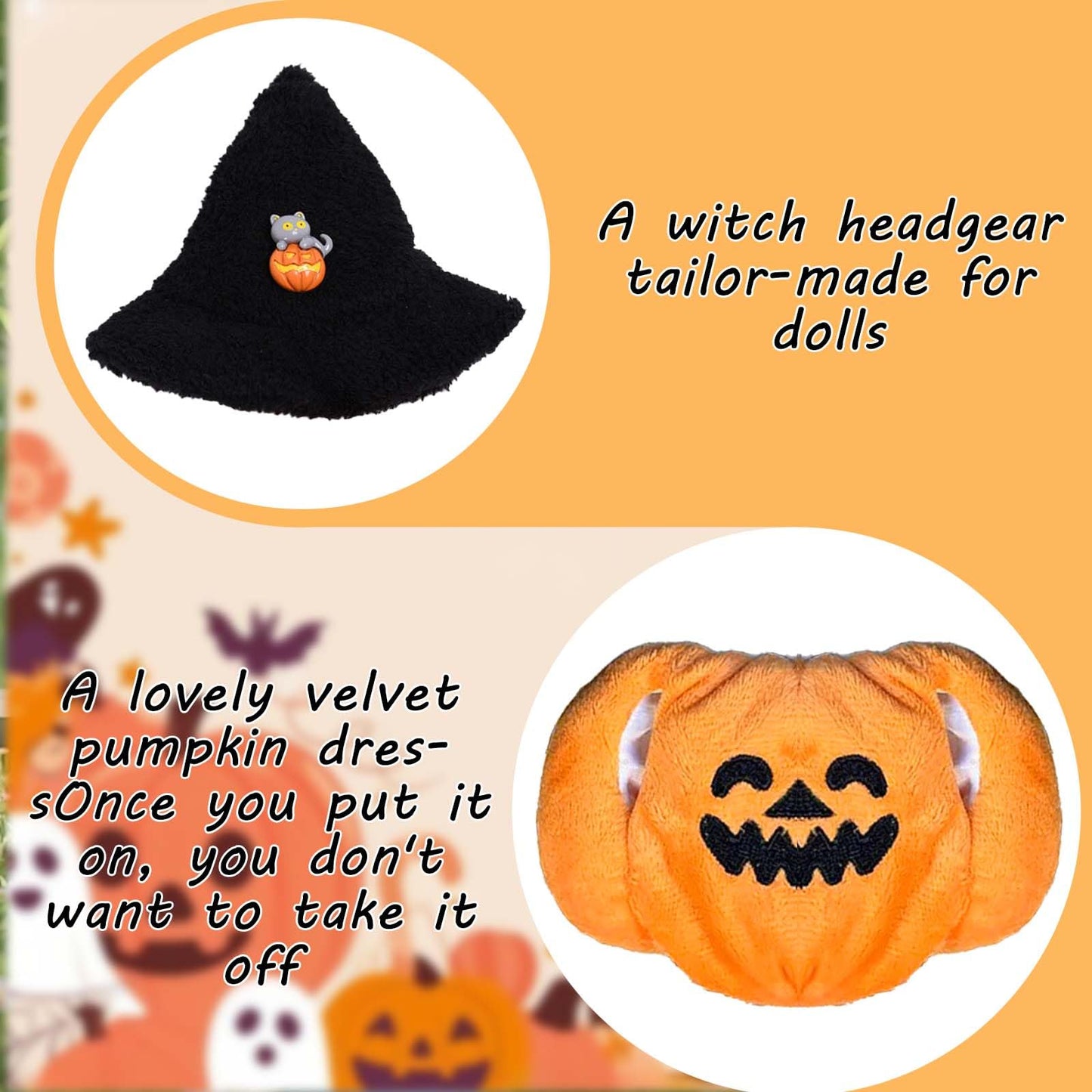 VPDSLABUBU Halloween Doll Costume Set for 6.7" Dolls – Pumpkin Overalls & Witch Hat, Cute Dress-Up Outfit for Collectors