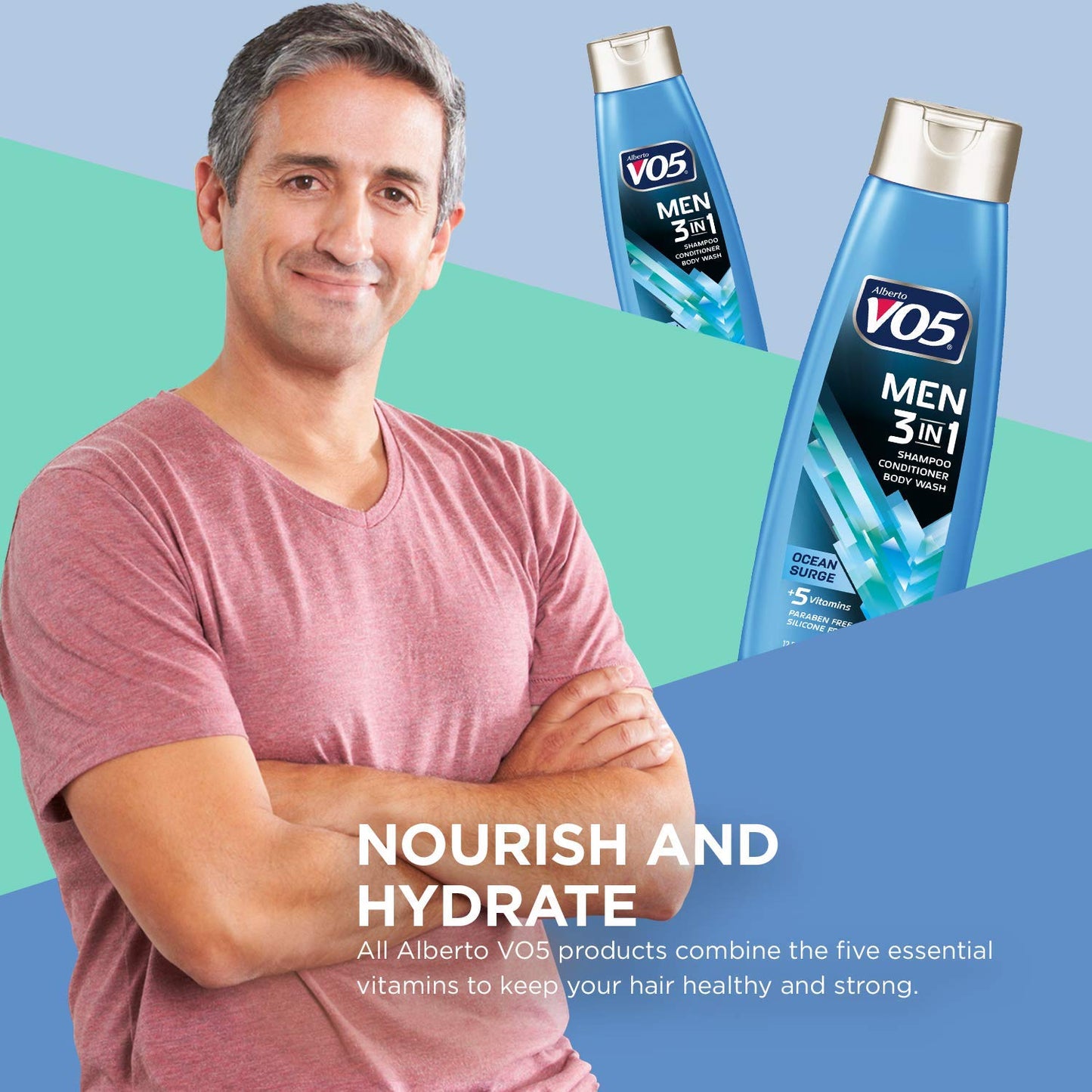 VO5 Men’s 3-in-1 Shampoo, Conditioner & Body Wash, Ocean Surge, 12.5 Oz | Enriched with 5 Essential Vitamins (A, H, C, B5, B3) for Hair & Skin