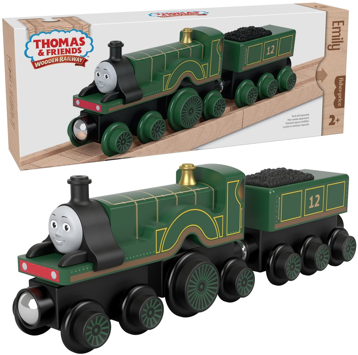 Thomas & Friends Wooden Railway, Emily Engine and Coal Car, push-along train made from sustainably sourced wood for kids 2 years and up