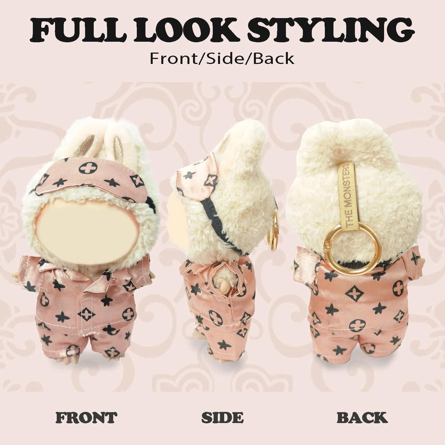 LABUBU Doll Clothes 3PCS Set, 17cm Cozy Night Pajamas, Stylish Designer Outfit & Accessories, No Doll Included (Rosy Sleepwear)