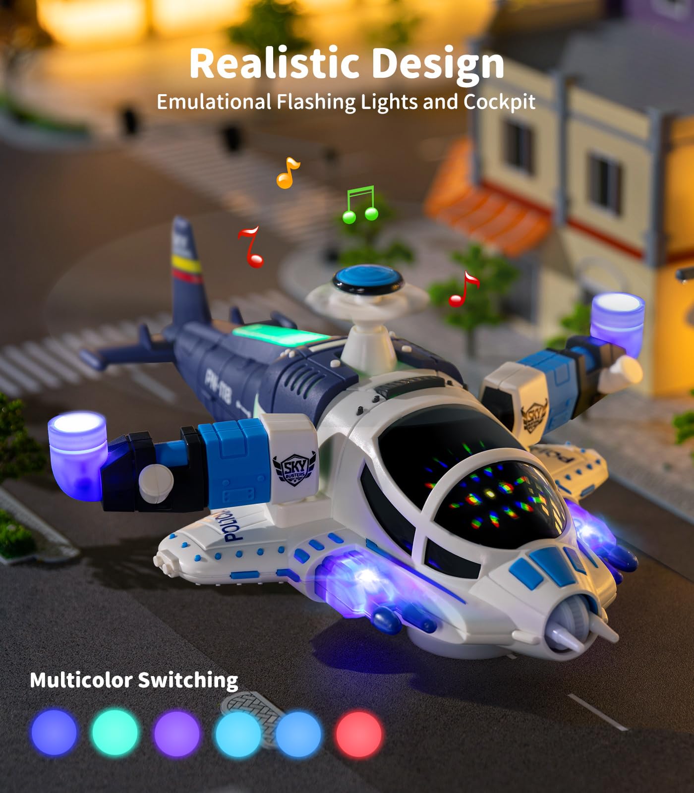 Geyiie Blue Helicopter Toy for Kids with Lights & Sounds, 360° Flying, Auto-Steering Airplane, Birthday Party Favor Gift for Boys