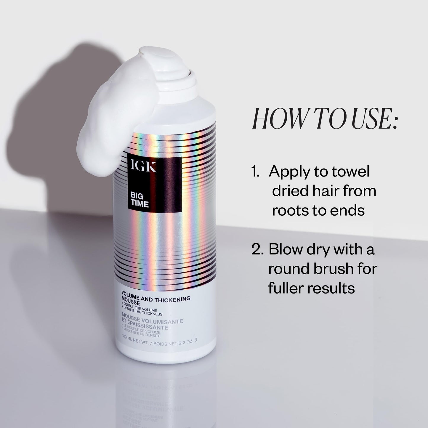 IGK BIG TIME Volume & Thickening Mousse | Moveable + Fullness + Frizz Control | Vegan + Cruelty Free | 6.2 Oz