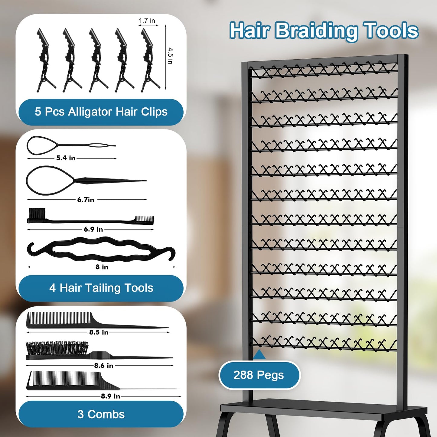 Portable Hair Braiding Rack with Wheels & Storage Drawers | 2-Sided 288 Pegs Hair Extension Holder & Organizer Stand with Tools (Black)