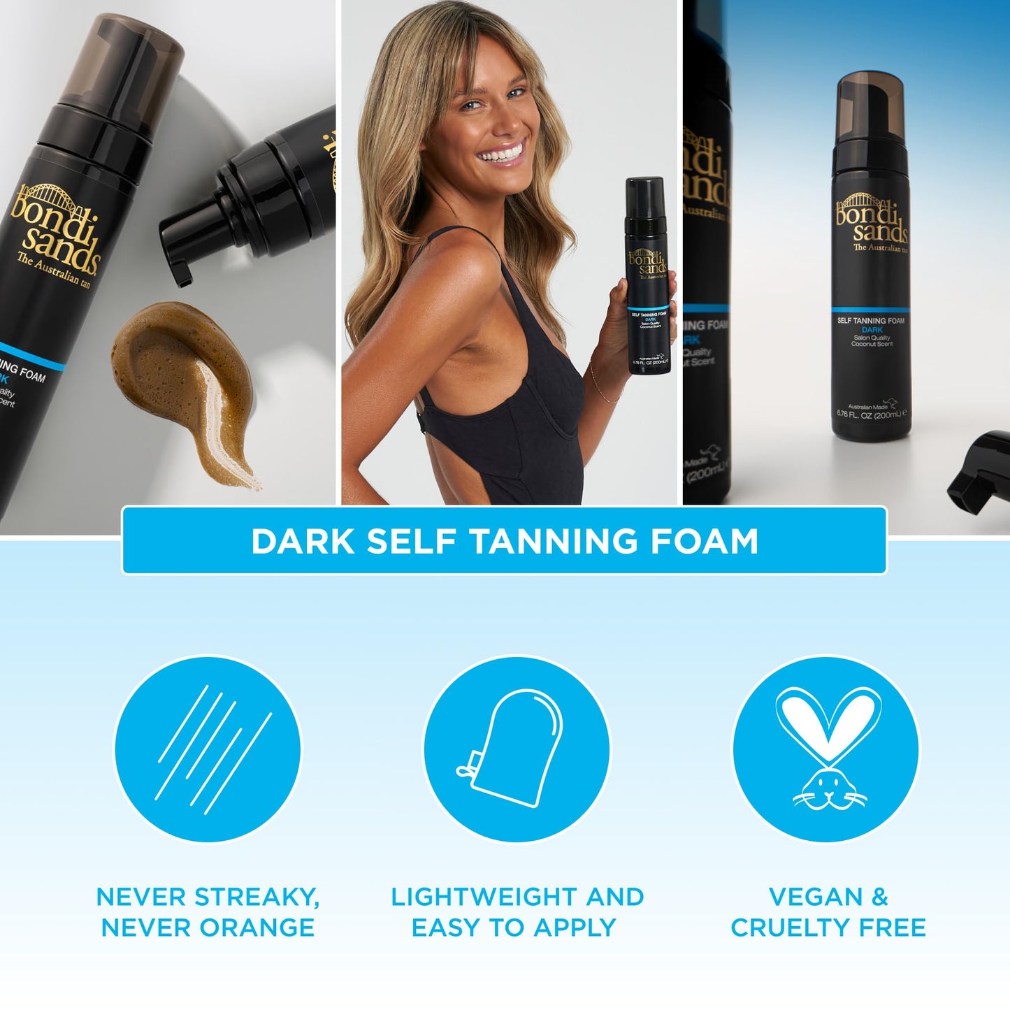 Bondi Sands Dark Self Tanning Foam – Lightweight, Aloe & Coconut Enriched, Streak-Free Tan, 6.76 oz / 200 mL