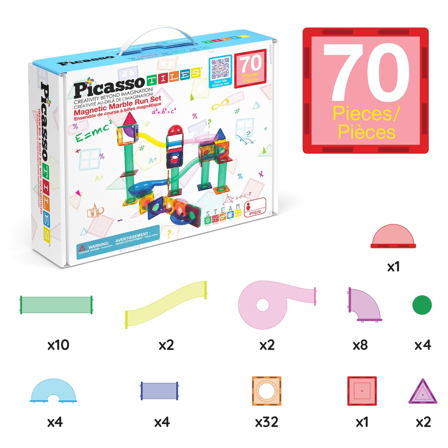 PicassoTiles 70pc Marble Run Magnetic Tiles STEM Set for Kids 3+ | Educational Brain-Boosting Building Blocks & Maze Playset PTG70