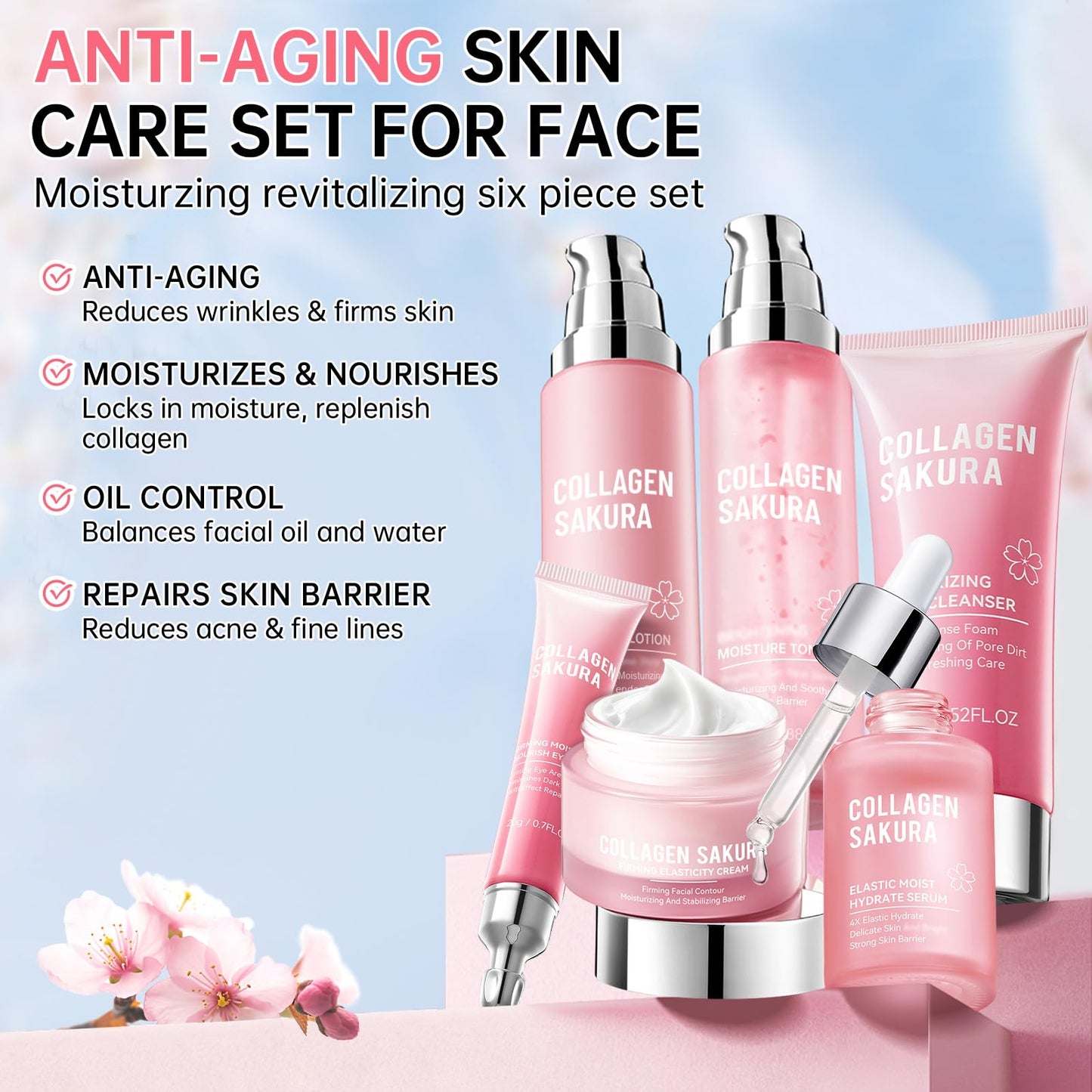 Sakura Skin Care Gift Set for Teen Girls & Women – 6 Pc Cherry Blossom Collagen Kit with Cleanser, Toner, Lotion, Serum, Cream & Eye Cream