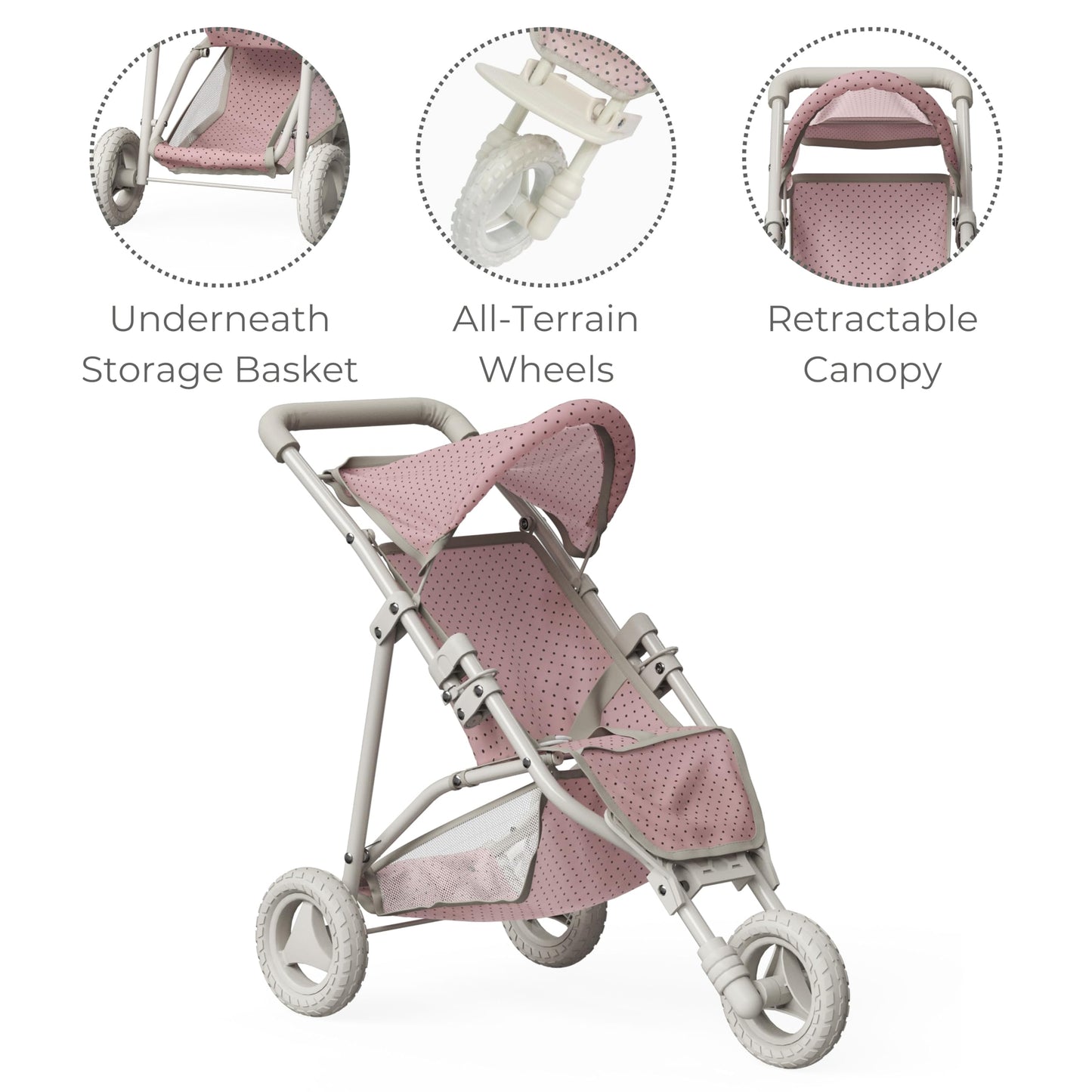 Olivia's Little World Doll Jogging-Style Stroller with Canopy, Storage Underneath, Pink and Cream and Gray