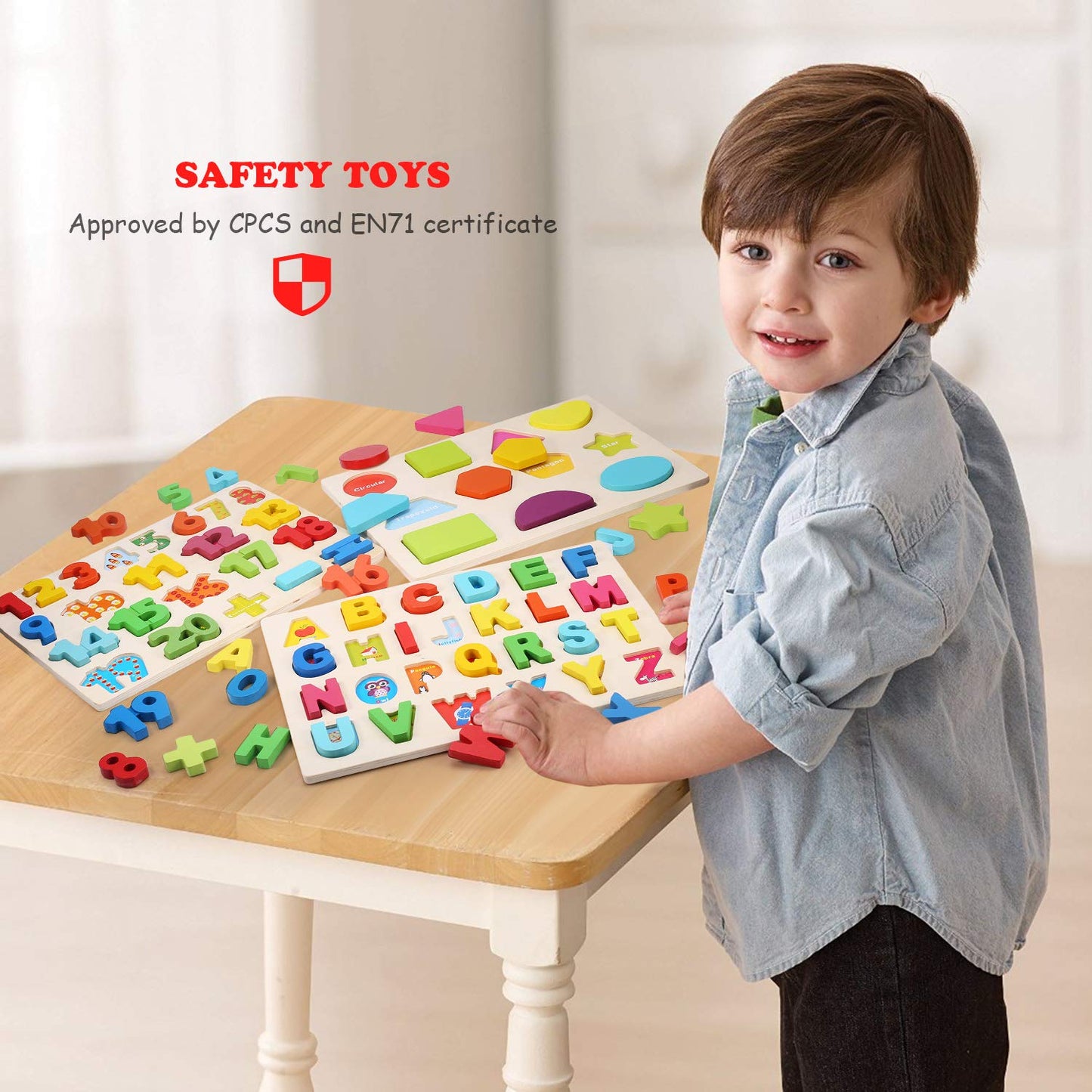 Voamuw Wooden Puzzles for Toddlers – Alphabet, Number & Shape Learning Jigsaw, Montessori Educational Toy for Kids Ages 3-5, Boys & Girls