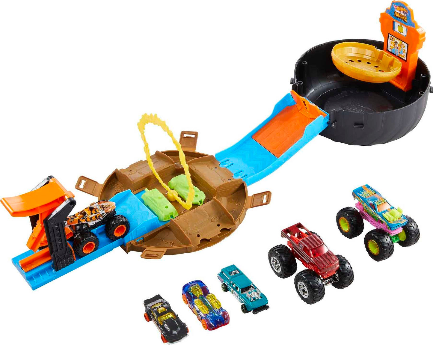 Hot Wheels Toy Monster Trucks Playset, Tire-Shaped Case Transforms into Race Course, 3 Trucks & 4 Cars in 1:64 Scale, Stunt Tire (Amazon Exclusive)