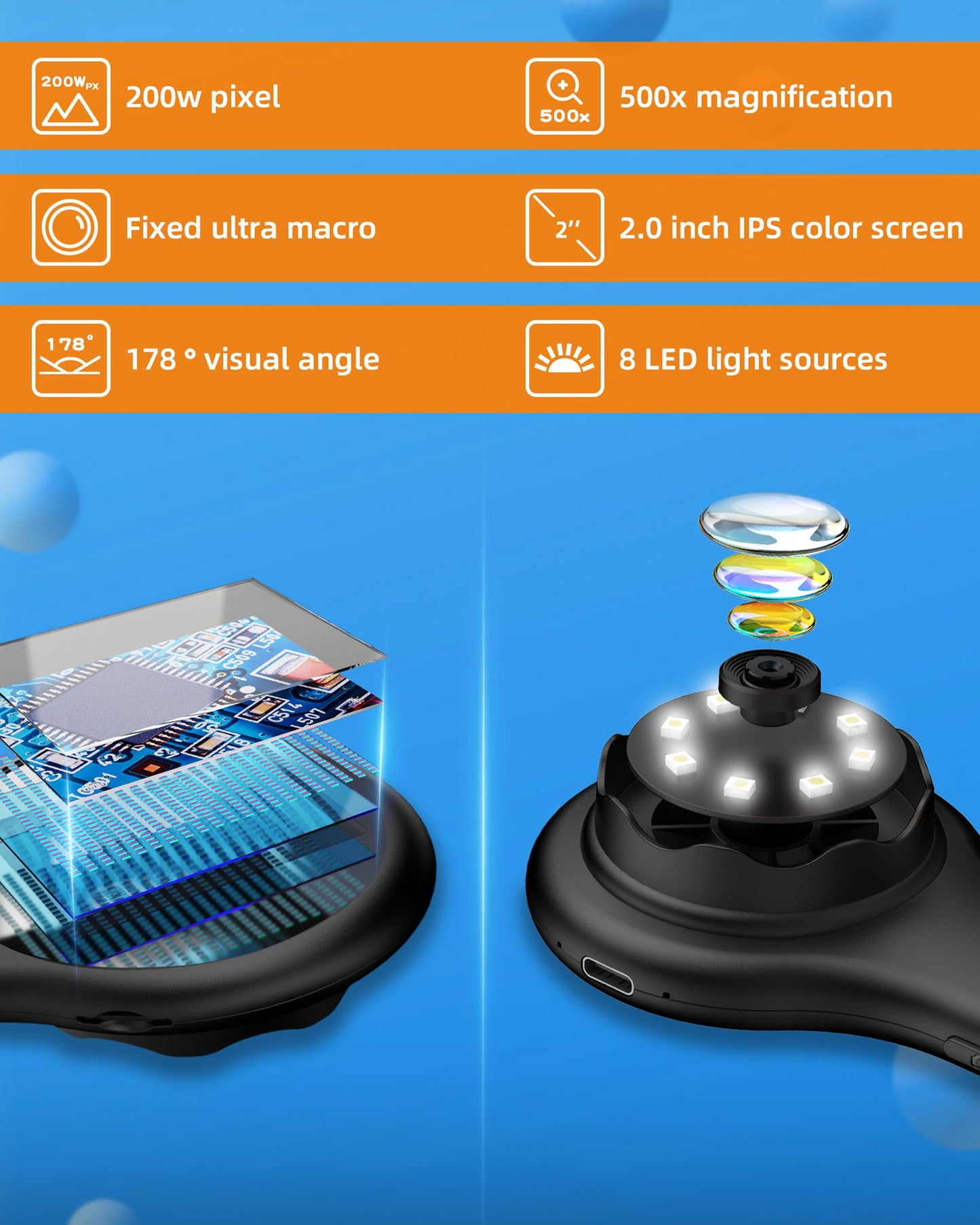 T TAKMLY Mini Pocket Digital Microscope, Macro Fixed Focus Magnifying Glass, Portable Handheld USB Digital Microscope 500x Magnification, 4X Zoom