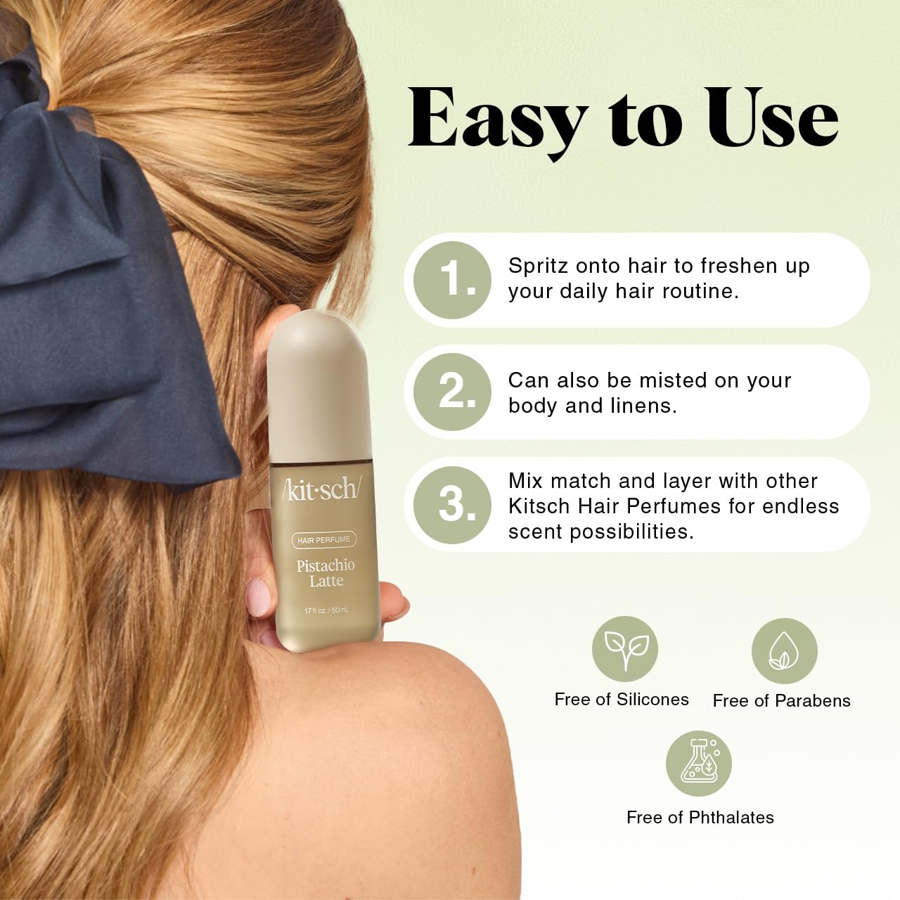 Kitsch Hair Perfume for Women – Pistachio Latte | Clean Deodorizing Hair & Body Mist with Odor-Eliminating Tech | Coconut & Coffee Scent, 50mL