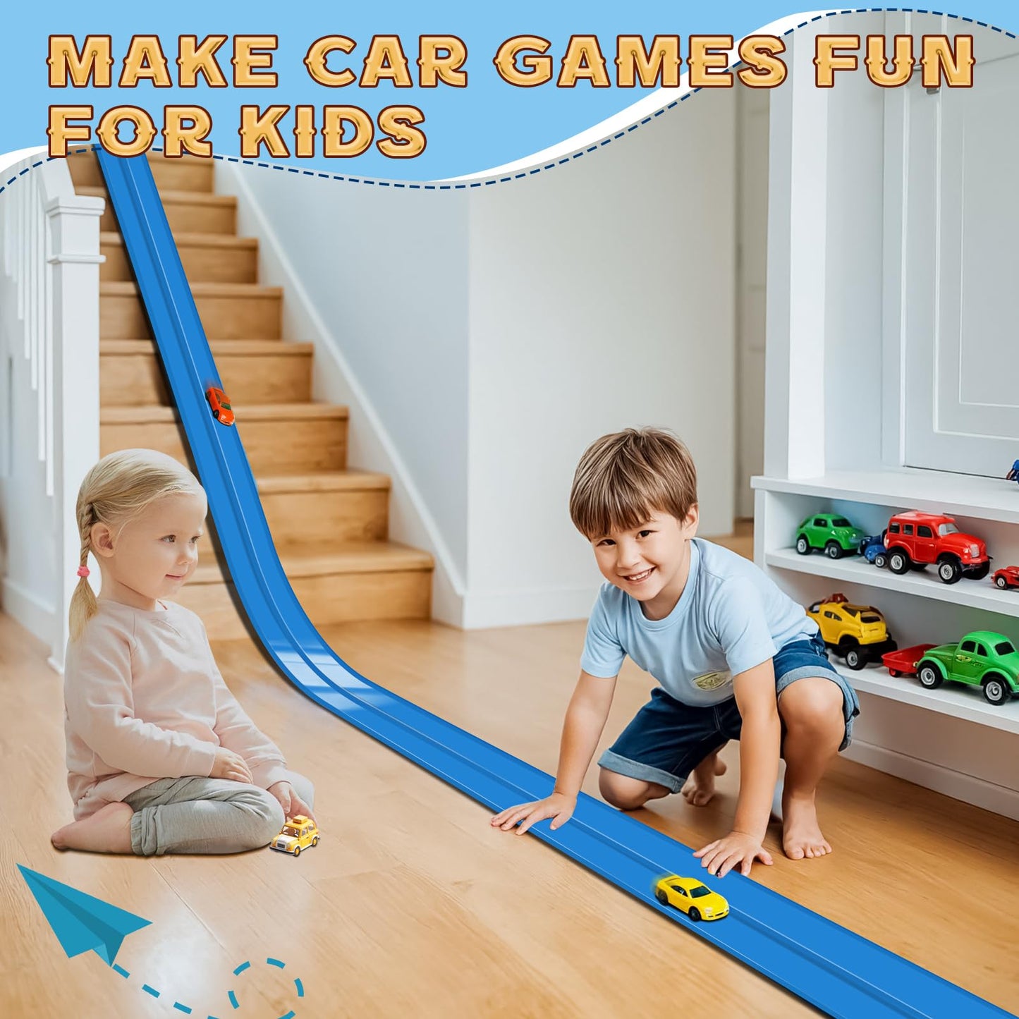 Flex Track 15 Ft Starter Set, Flexible Race Car Ramp Track for Ages 3 & Up with Suction Cups Compatible with Diecast 1/64th Cars