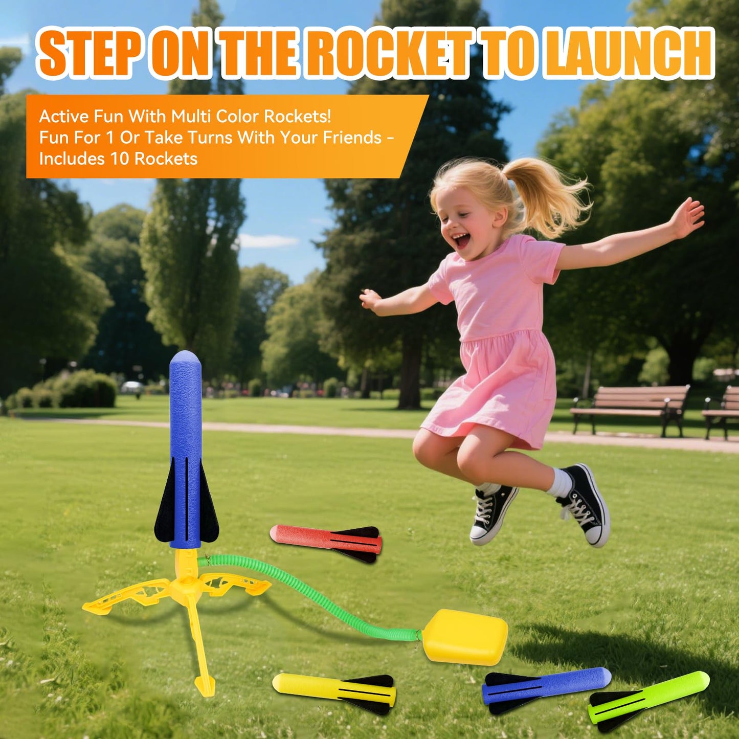Hopture Rocket Launcher Power Air Toy Set with 10 Multi-Color Foam Rockets Launch Pad, Outdoor Activity Game