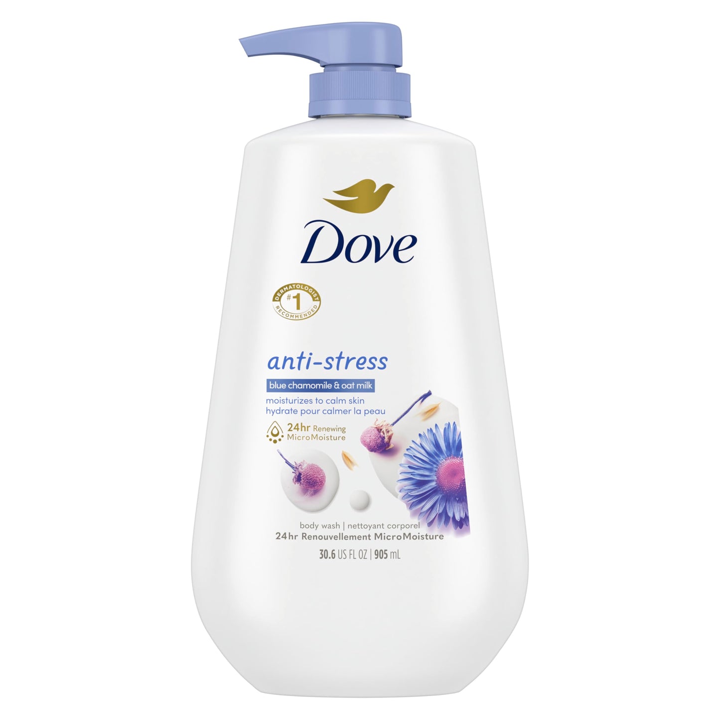 Dove Anti-Stress Body Wash with Pump – Blue Chamomile & Oat Milk, 24hr Moisturizing Cleanser, Sulfate & Paraben Free, 30.6 oz