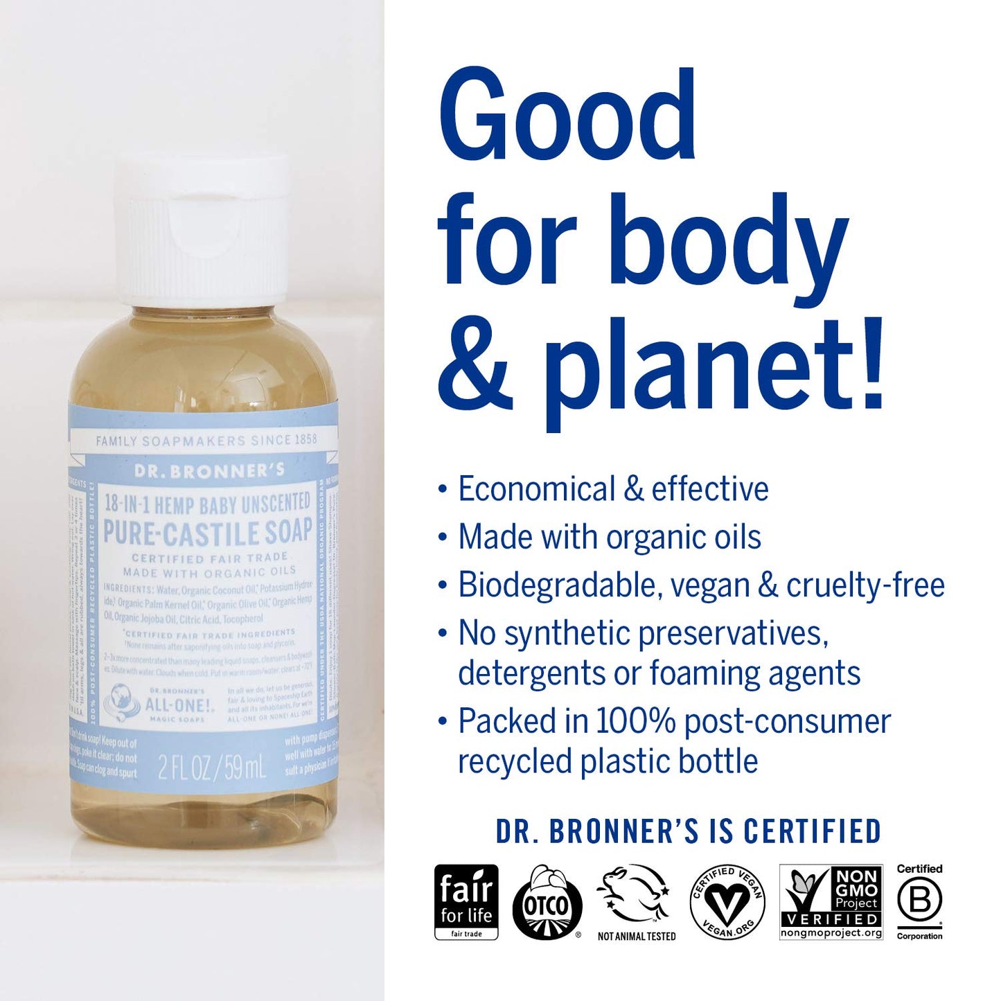 Dr. Bronner’s Pure-Castile Liquid Soap, Baby Unscented Travel Size (2 oz) – Organic Oils, 18-in-1 Use for Face, Body, Hair, Laundry, Pets & More, Vegan