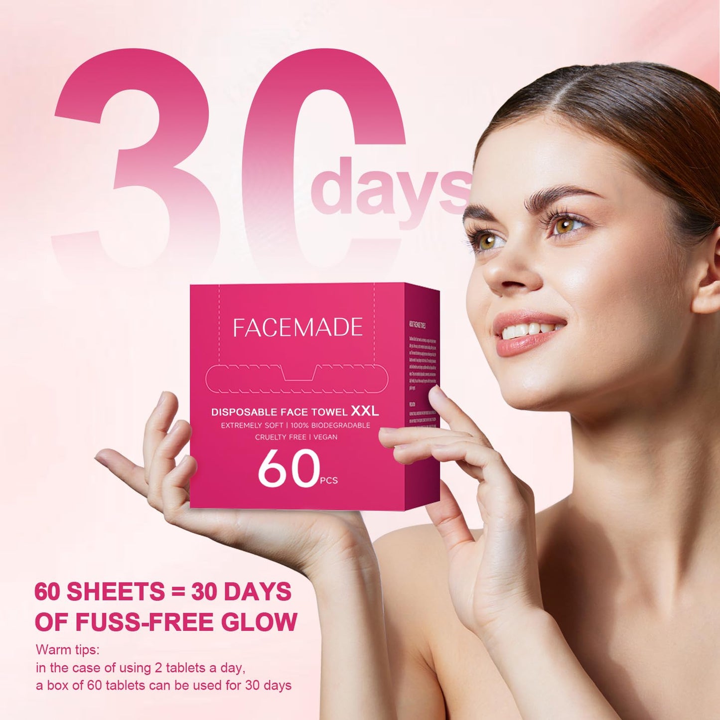 FACEMADE 60-Count XXL 12"x12" Disposable Face Towels – 100% USDA Biobased, Super Soft & Thick Towelettes for Makeup & Clean Skin