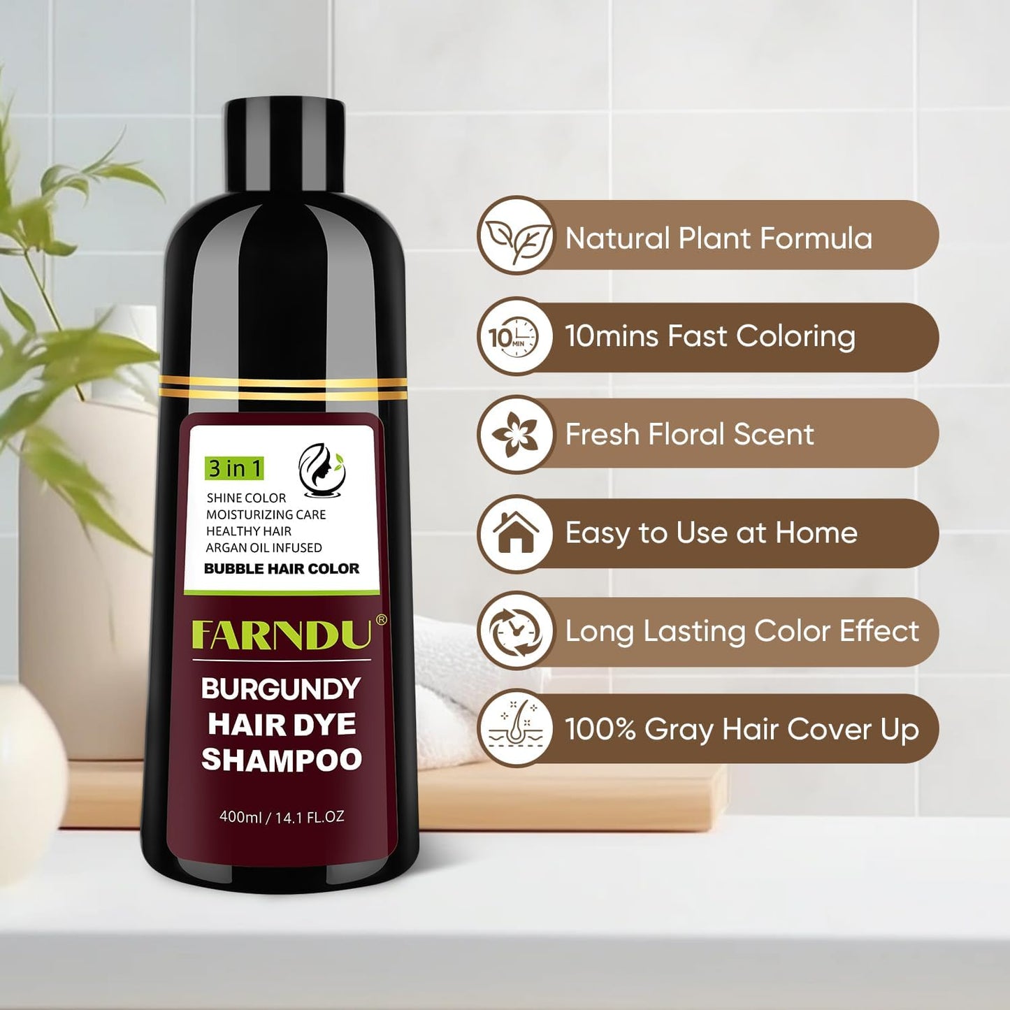 Farndu Red Burgundy Hair Dye Shampoo for Women Men, Hair Color Shampoo Natural Ingredients