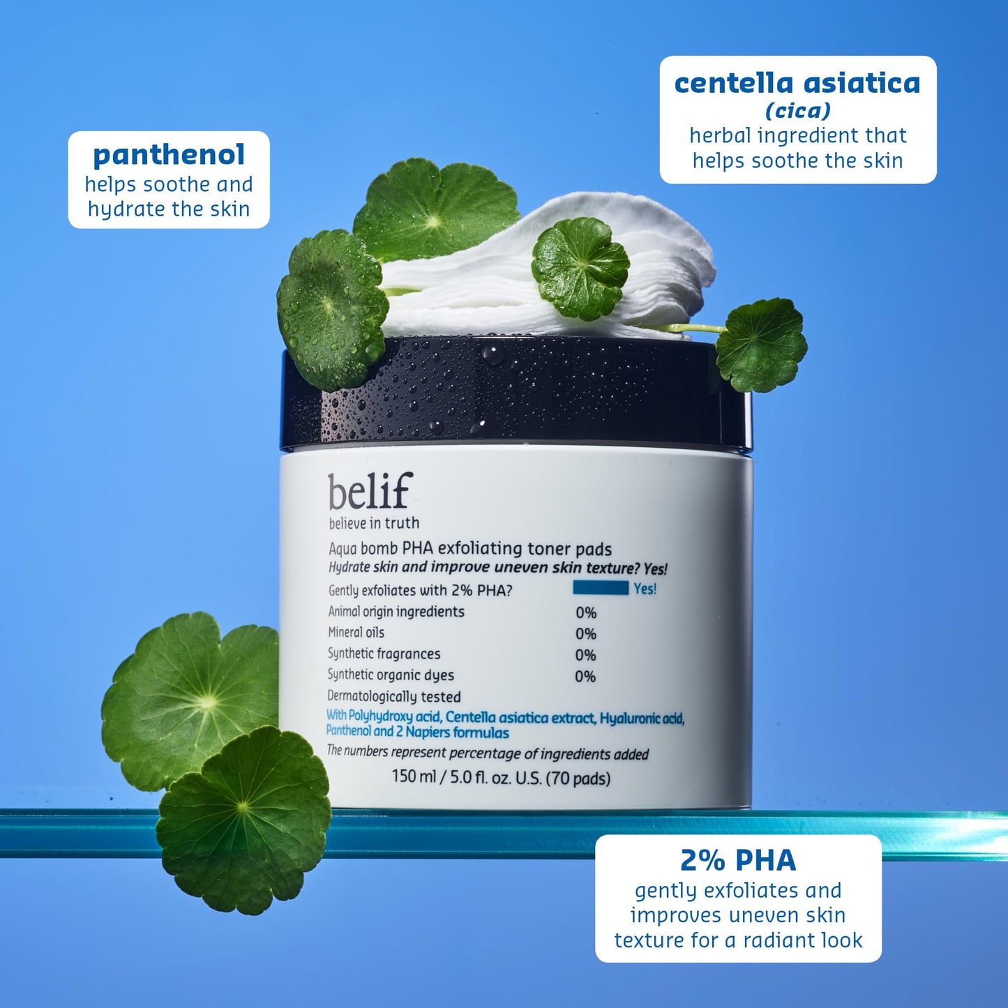 belif PHA 2% Toner Pads – Gentle Exfoliating, Hydrating & Soothing Facial Pads with Panthenol & Cica, Double-Sided, 70 Count