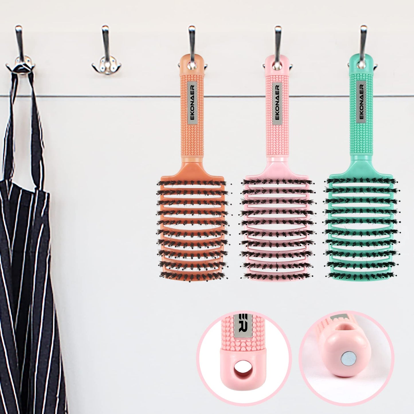 EKONAER 3 Pack Vented Quick-Dry Detangler Brush Set with Boar Bristles – Curved Massage Hair Brushes for Women with Long, Thick, Thin, or Curly Hair (Green)