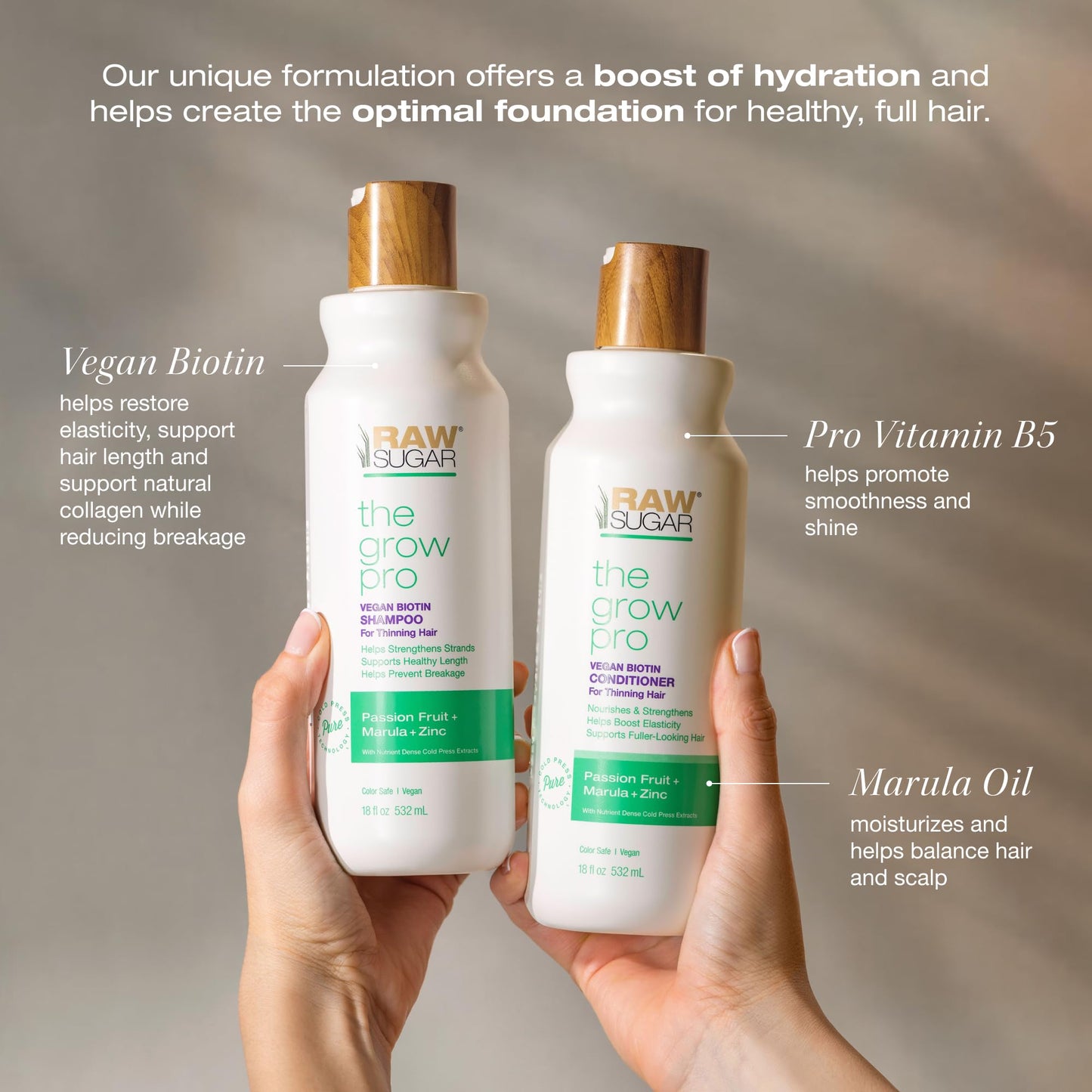 Raw Sugar Grow Pro Shampoo & Conditioner Set – Vegan Biotin Anti-Thinning, Pro-Lengthening Formula with Passion Fruit & Marula, Sulfate-Free