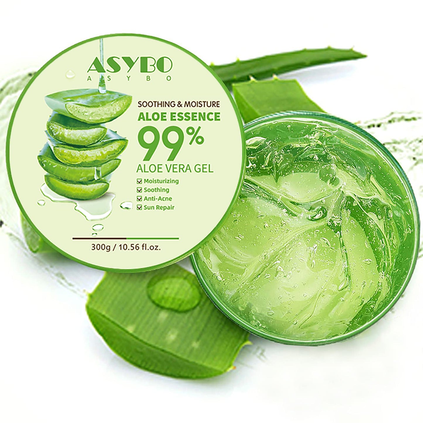 ASYBO 300 ML Natural Aloe Vera Gel -Organic Moisturizing Cream, Soothing and Hydrating, Sunburn and Scar Repair, Care for Face Body Hair