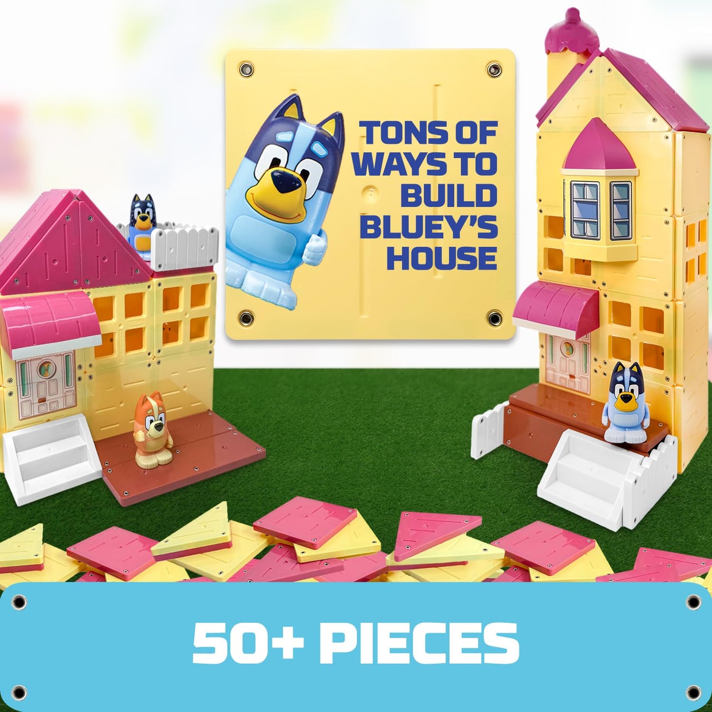 Tile Town Bluey Heeler Family Home 52-Piece Magnetic Tile Playset, Interactive STEM Magnetic Tiles Toys, Includes Bluey & Bingo Figures, Action Tiles