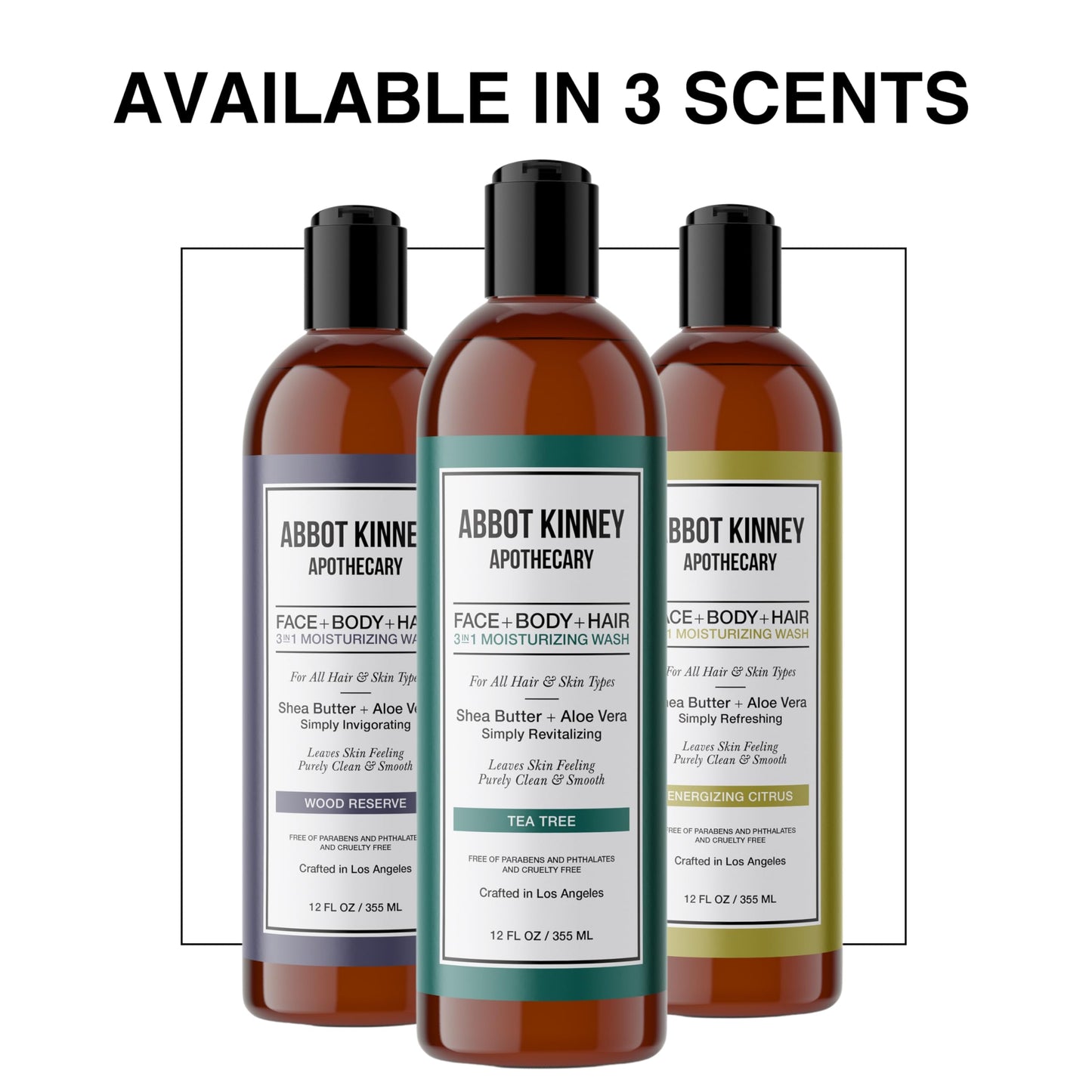 ABBOT KINNEY APOTHECARY Men's 3-in-1 Wash – Tea Tree Moisturizing Shampoo, Conditioner & Body Wash for All Skin & Hair Types, 12 oz