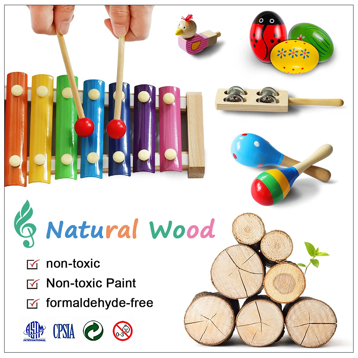 LOOIKOOS Wooden Toddler Musical Instruments Set – Preschool Educational Percussion Toys for Kids, Boys & Girls with Storage Bag