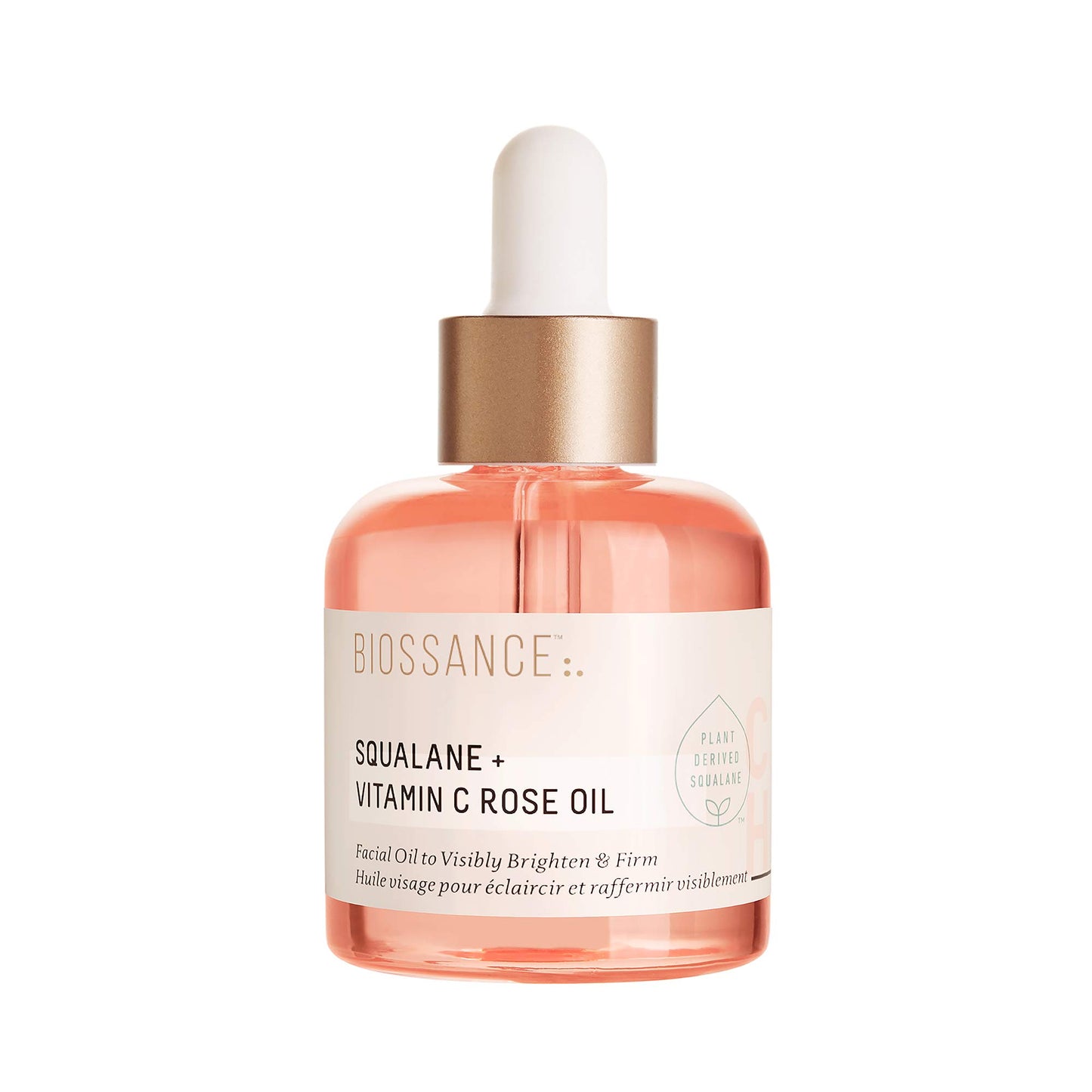 BIOSSANCE Squalane + Vitamin C Rose Facial Oil - Brighten, Firm & Hydrate Skin with Damascus Rose & Chios Crystal, 1 oz