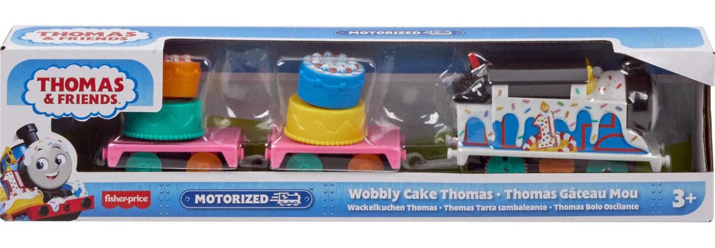 Thomas & Friends Motorized Toy Train, Wobbly Cake Thomas Engine with Cargo Cars & Pieces for Pretend Play Preschool Kids Ages 3+ Years