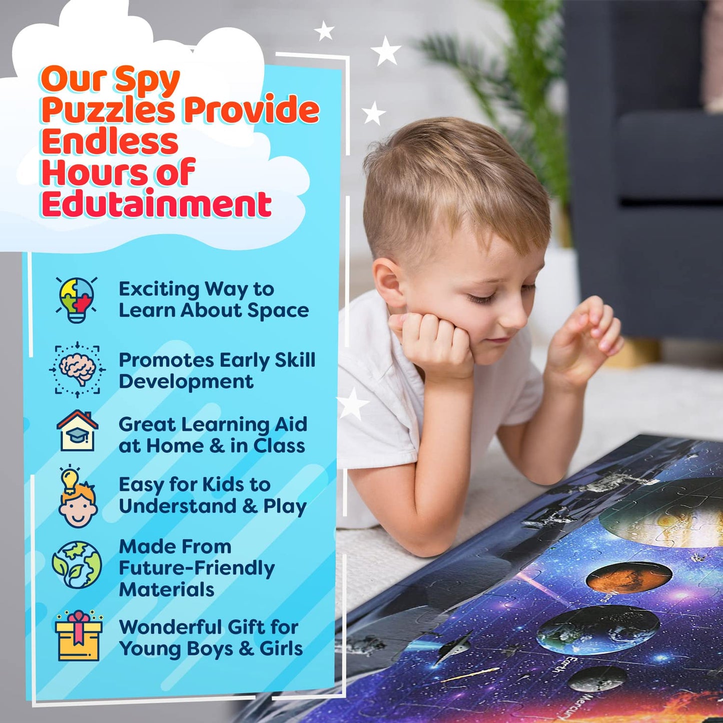 Solar System Spy Puzzle – 48-Piece Space Floor Puzzle with Flashcards & Magnifying Glass, Educational STEM Toy for Kids Ages 4-8, 2x3ft