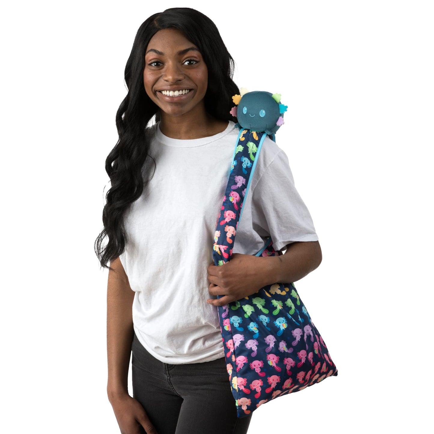 TeeTurtle Plushie Tote Bag – Blue & Rainbow Axolotl | From Makers of Reversible Octopus – Carry Your Plush Friend Anywhere!
