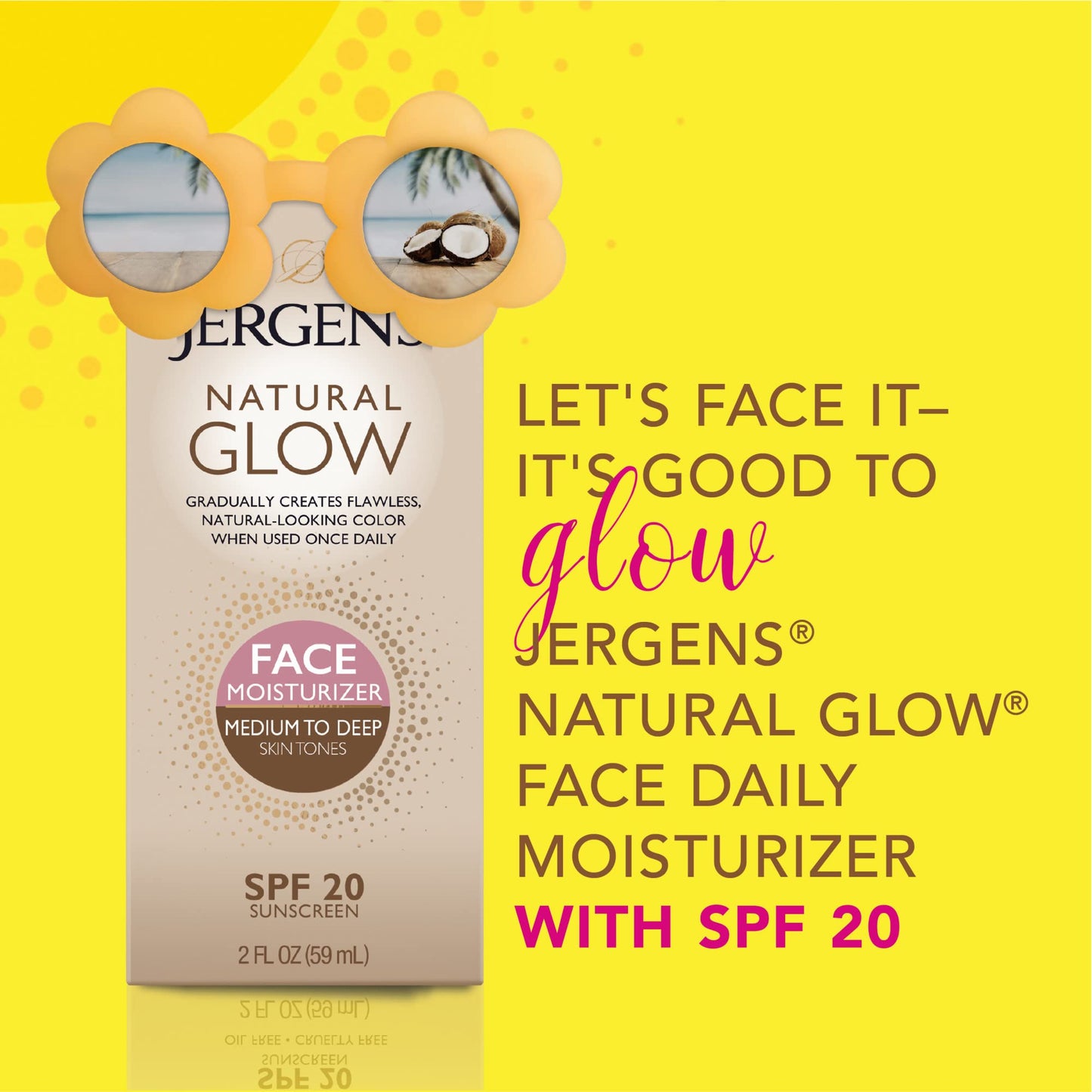 Jergens Natural Glow Face Self Tanner SPF 20, Oil-Free Daily Moisturizer for Medium to Deep Skin, Sunless Tan & UV Protection, 2 Oz (2 Pack)
