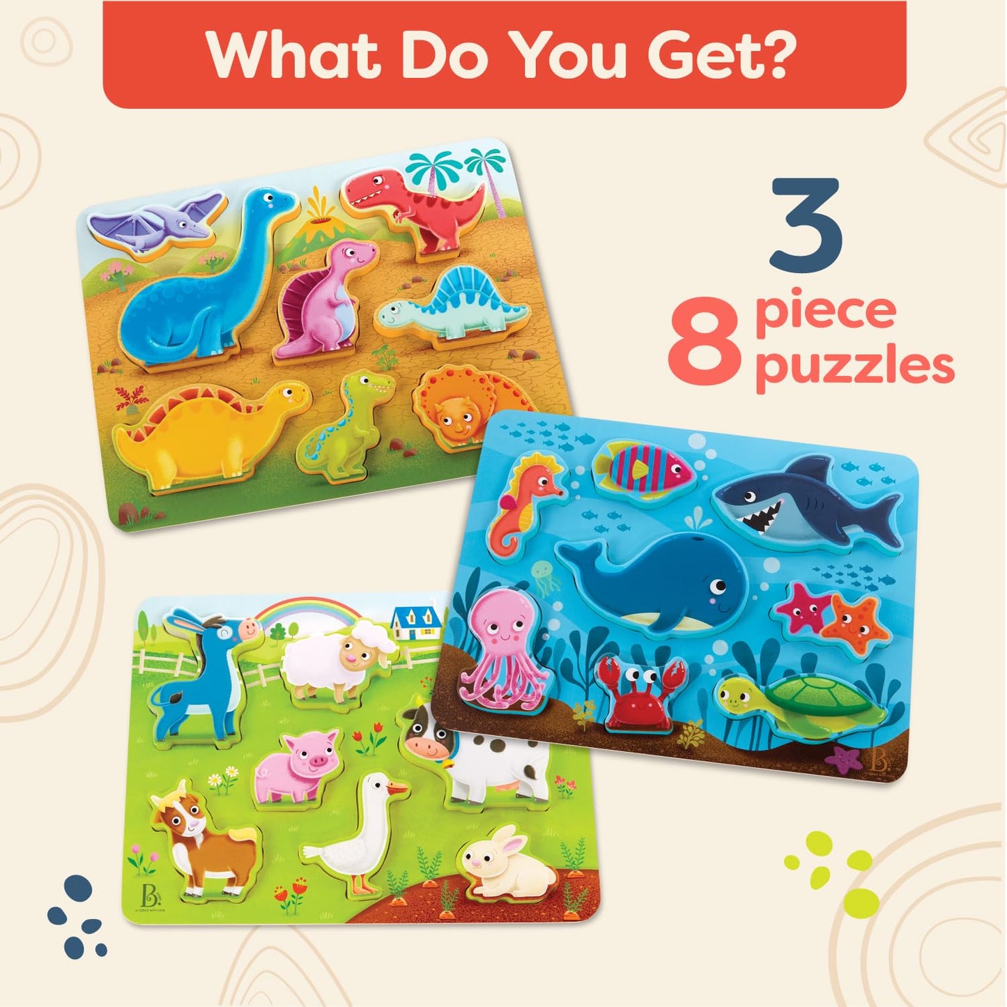 B. toys – Peek & Explore 3 – Pack – Farm, Sea, Dinos – Chunky Puzzle 3 – Pack – Wooden Puzzles – 8 Pieces Each – 2+ Years