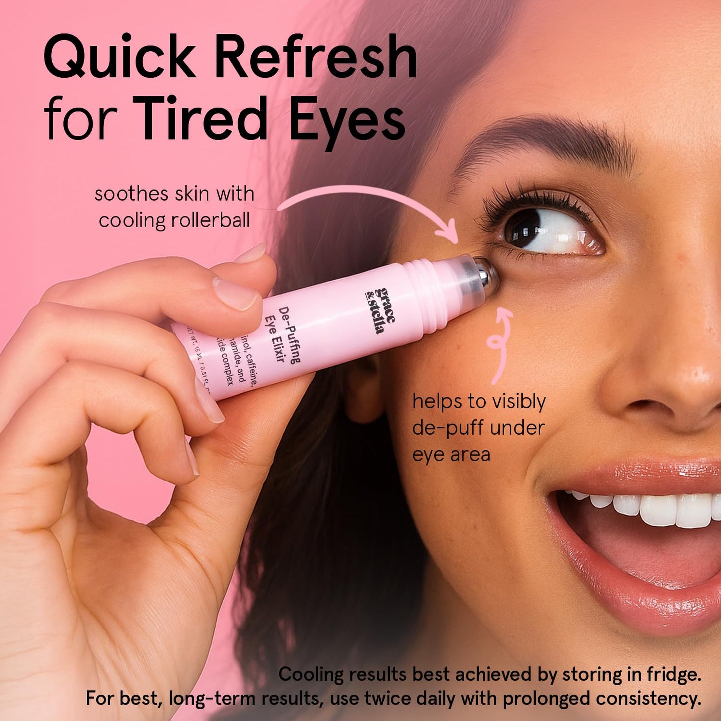 Grace & Stella Under Eye Brightener Roller - Travel Size Eye Serum with Retinol & Caffeine for Puffiness, Dark Circles & Wrinkles, Vegan 15ml