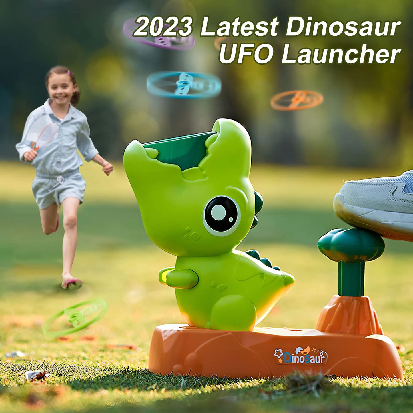 XINHOME Outdoor Flying Disc Launcher Toys for Kids 3 4 5 6 7 8 Year Old Boys Girls Dinosaur Stomp Rocket for Toddlers Backyard Toys