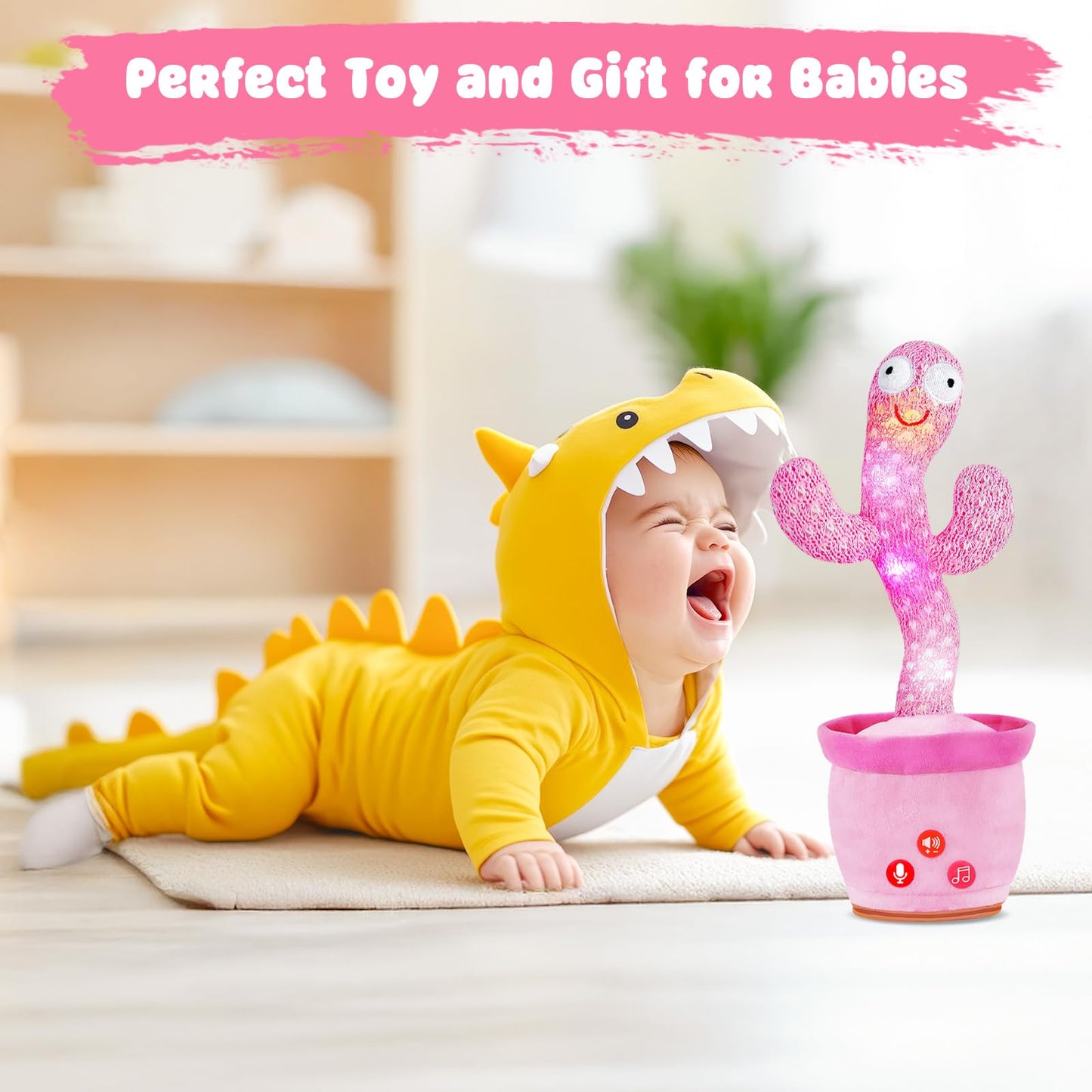 SANJOIN Dancing Talking Cactus Toy – Volume Adjustable, Mimics & Records, Sings English Songs, Tummy Time Baby Toys & Gifts