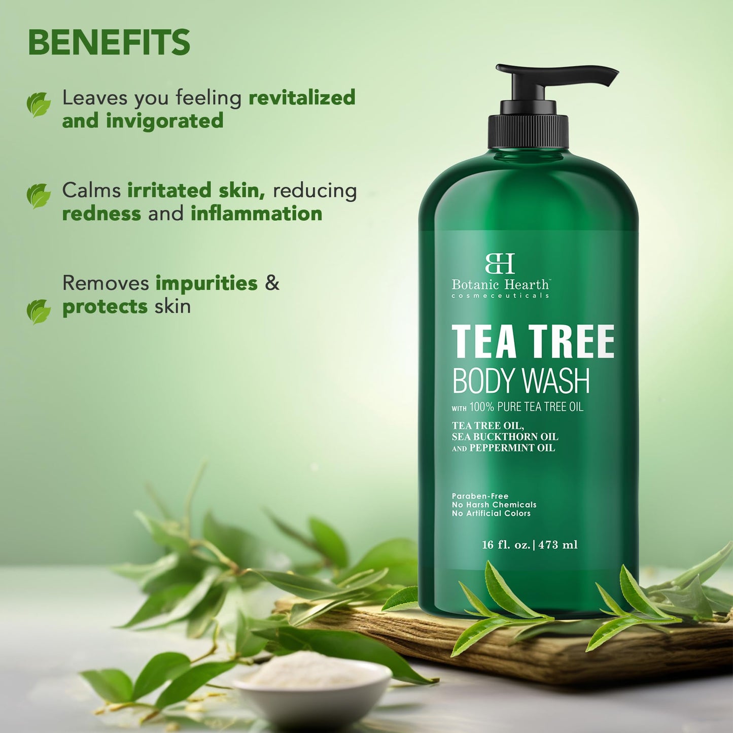 Botanic Hearth Tea Tree Body Wash 16oz – Soothes Dry, Itchy Skin, Antifungal, Sulfate & Paraben Free, 100% Pure Tea Tree Oil, Men & Women