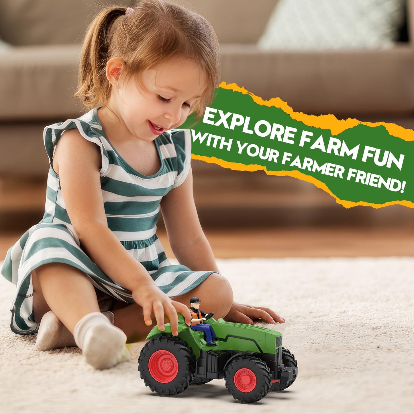 RC Tractor Toy for Kids 3-5, 1:24 Scale Remote Control Farm Tractor with Farmer & Light, Rechargeable Toddler Toy Set Birthday Gift