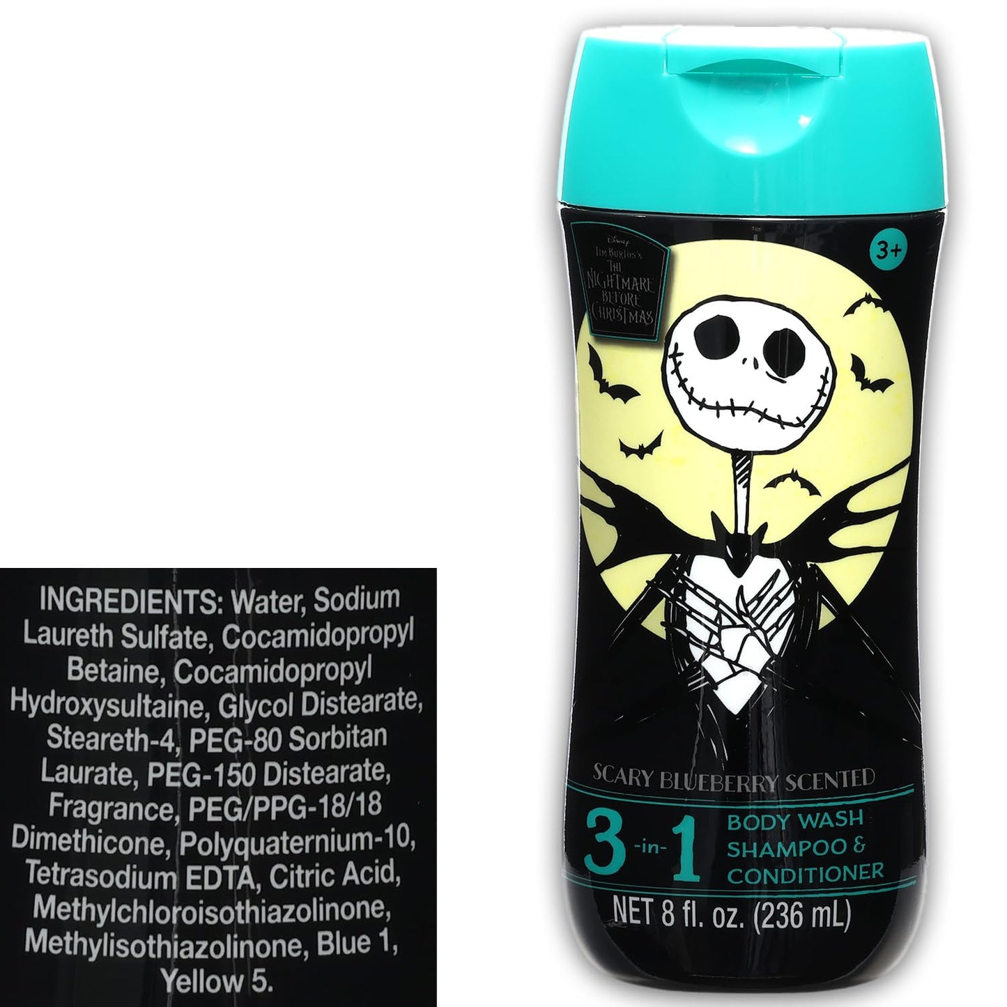 Disney Nightmare Before Christmas Kids 3-in-1 Shampoo, Conditioner & Body Wash Set – Scary Blueberry Scent, 8 Oz Bottle + Stickers Bundle