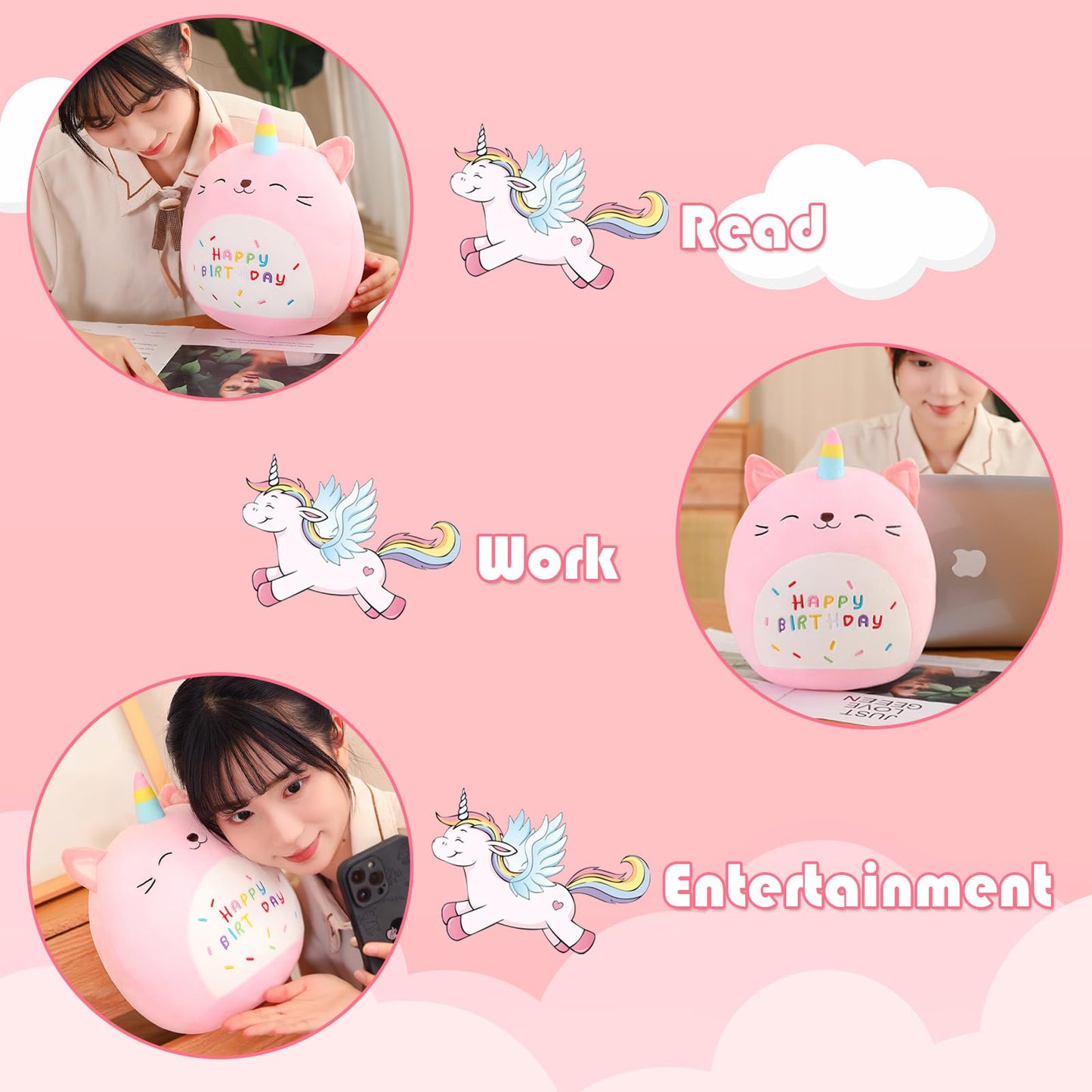 SQEQE Cat Plush Toy Unicorn Cat Stuffed Animal Cute Birthday Cat Plushies Pillow Soft Plushie Doll Gifts for Kid Decor(Pink Caticorn, 10 Inch)