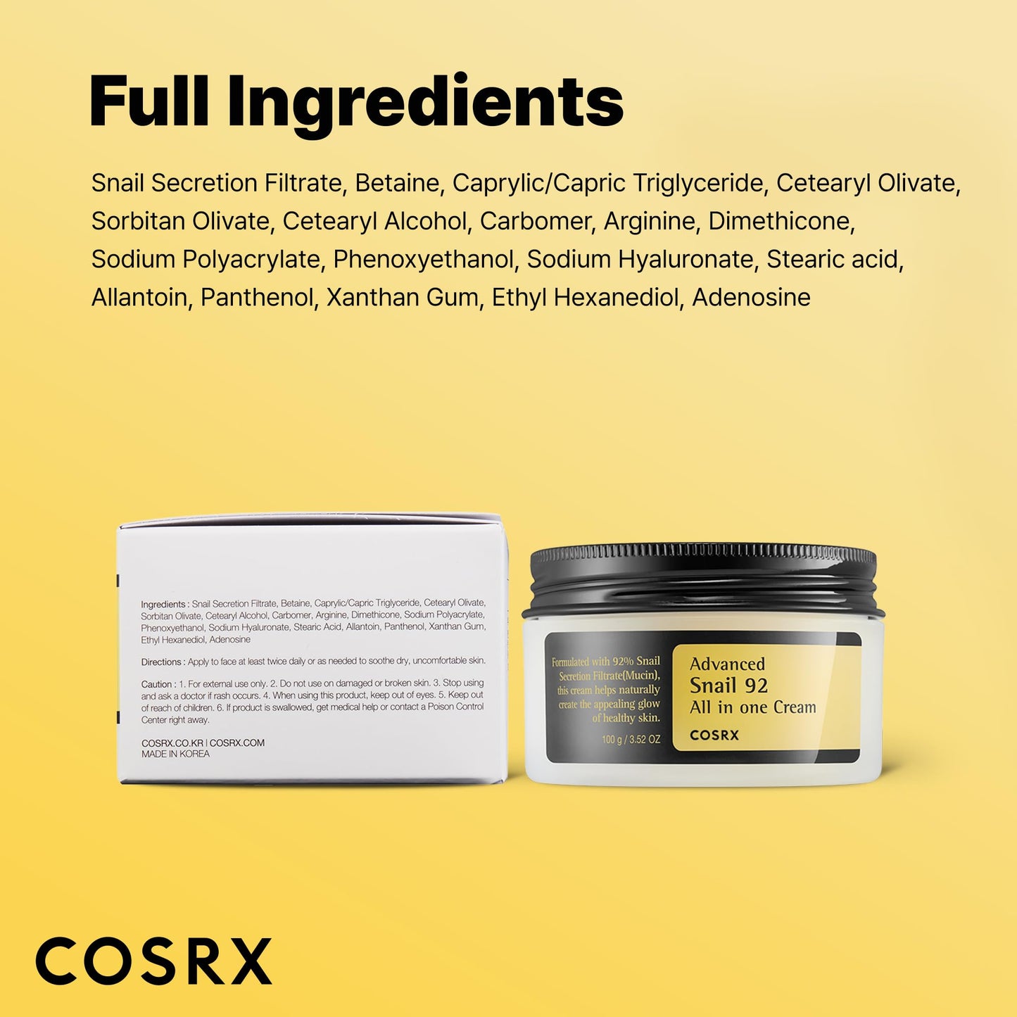COSRX Snail Mucin 92% Face Moisturizer, 3.52 Oz, Lightweight Moisturing Cream for Soft, Glowy Skin, Korean Skin Care, Korean Moisturizer Face Cream