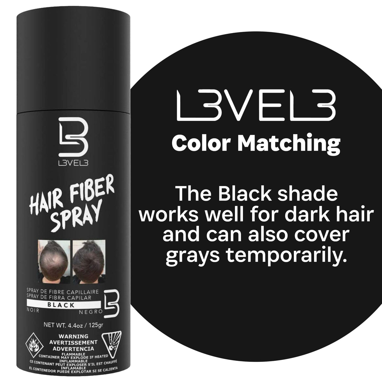 L3 Level 3 Black Hair Fiber Spray - Covers Bald Spots & Thinning Hair - Instant Gray Coverage & Thicker Hair Appearance
