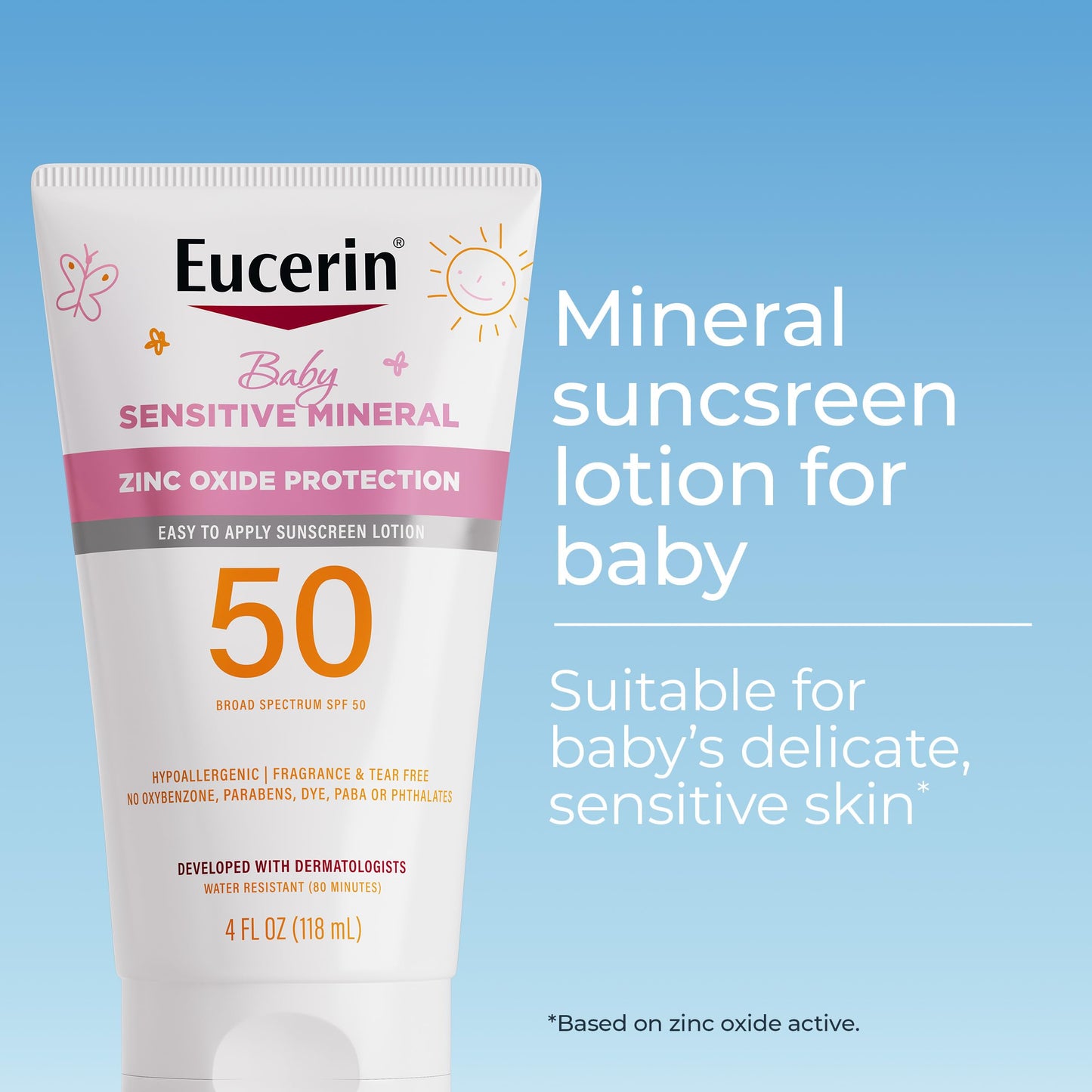 Eucerin Baby Sunscreen SPF 50 Mineral Lotion – Hypoallergenic, Tear-Free, Fragrance-Free, Zinc Oxide Protection, 4 Fl Oz
