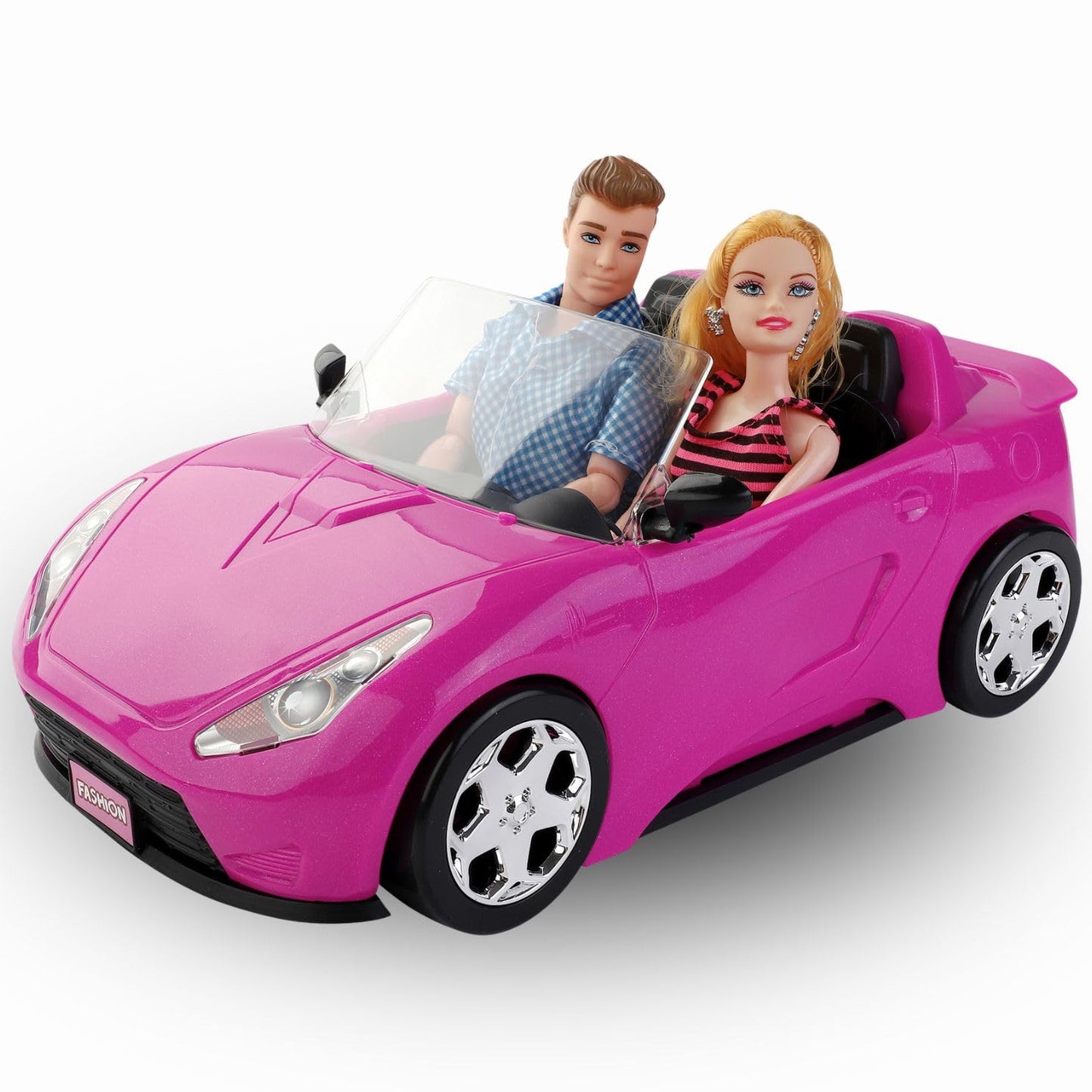 Liberty Imports Doll-Sized Convertible Car for Dolls – 2-Seater Pink Vehicle with Rolling Wheels, Seat Belts w/ Two 11.5" Dolls Included