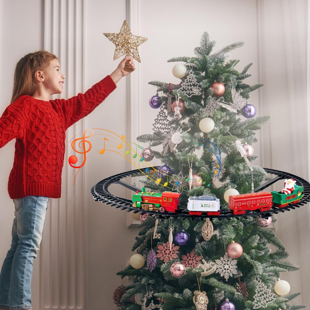 VATOS 2-in-1 Hanging Christmas Train Set with Lights & Sounds – Indoor/Outdoor Holiday Toy Around & Under Tree, Family Decoration