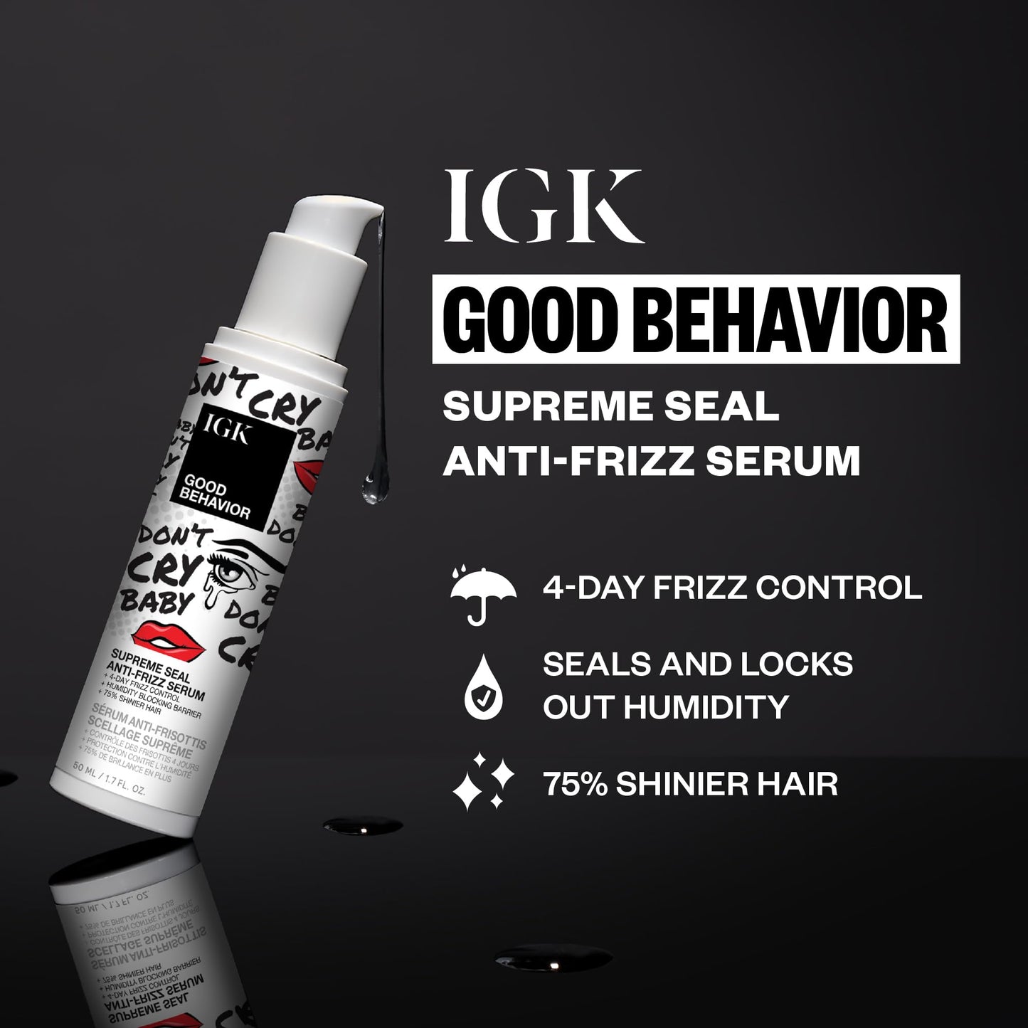 IGK Good Behavior Anti-Frizz Smoothing Serum – Boosts Shine, Seals Out Humidity, UV & Heat Protection, For Dry Frizz-Prone Hair, 1.3 oz