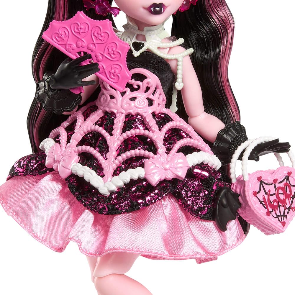Monster High Scary Sweet Birthday Doll, Draculaura in Pink Party Dress with Themed Accessories Like Invite, Balloon, Gift, Fan and More