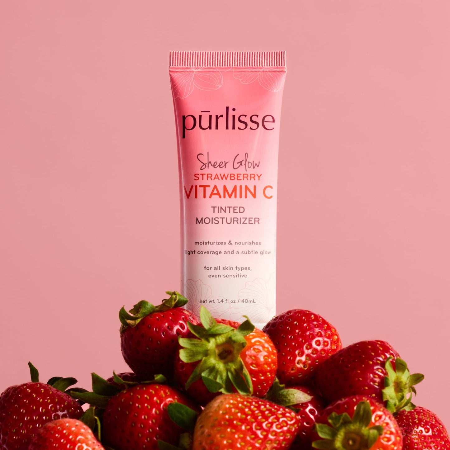 pürlisse Sheer Glow Strawberry Vitamin C Tinted Moisturizer - Dewy Skin Tint with Antioxidants for Even Complexion & Light Coverage - Medium Tan, 1.4 oz