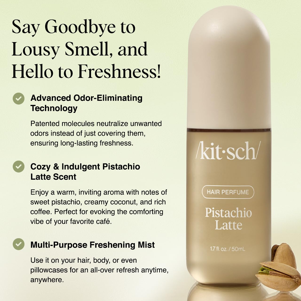 Kitsch Hair Perfume for Women – Pistachio Latte | Clean Deodorizing Hair & Body Mist with Odor-Eliminating Tech | Coconut & Coffee Scent, 50mL